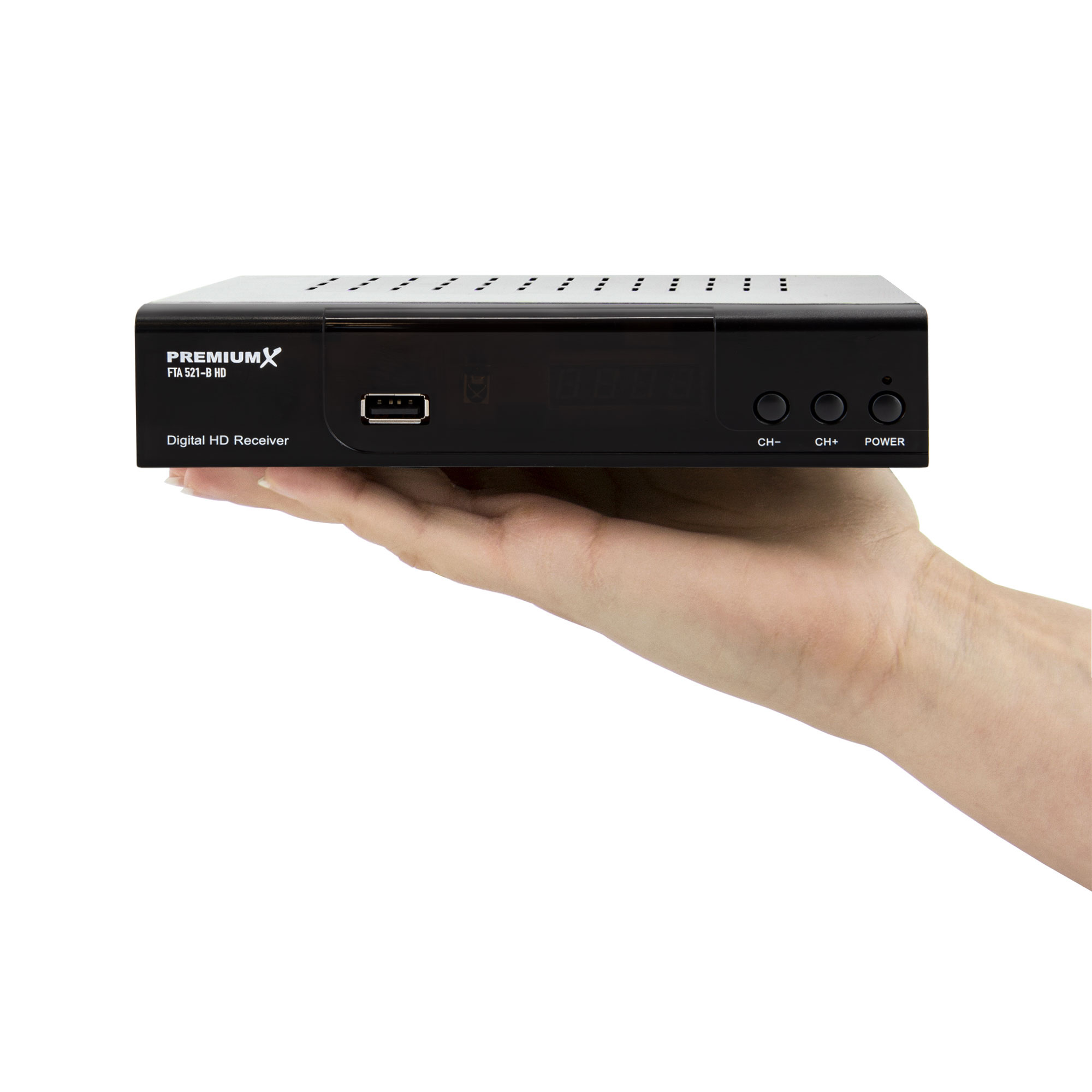 Schwarzer digitaler HD-Receiver in einer Hand gehalten.