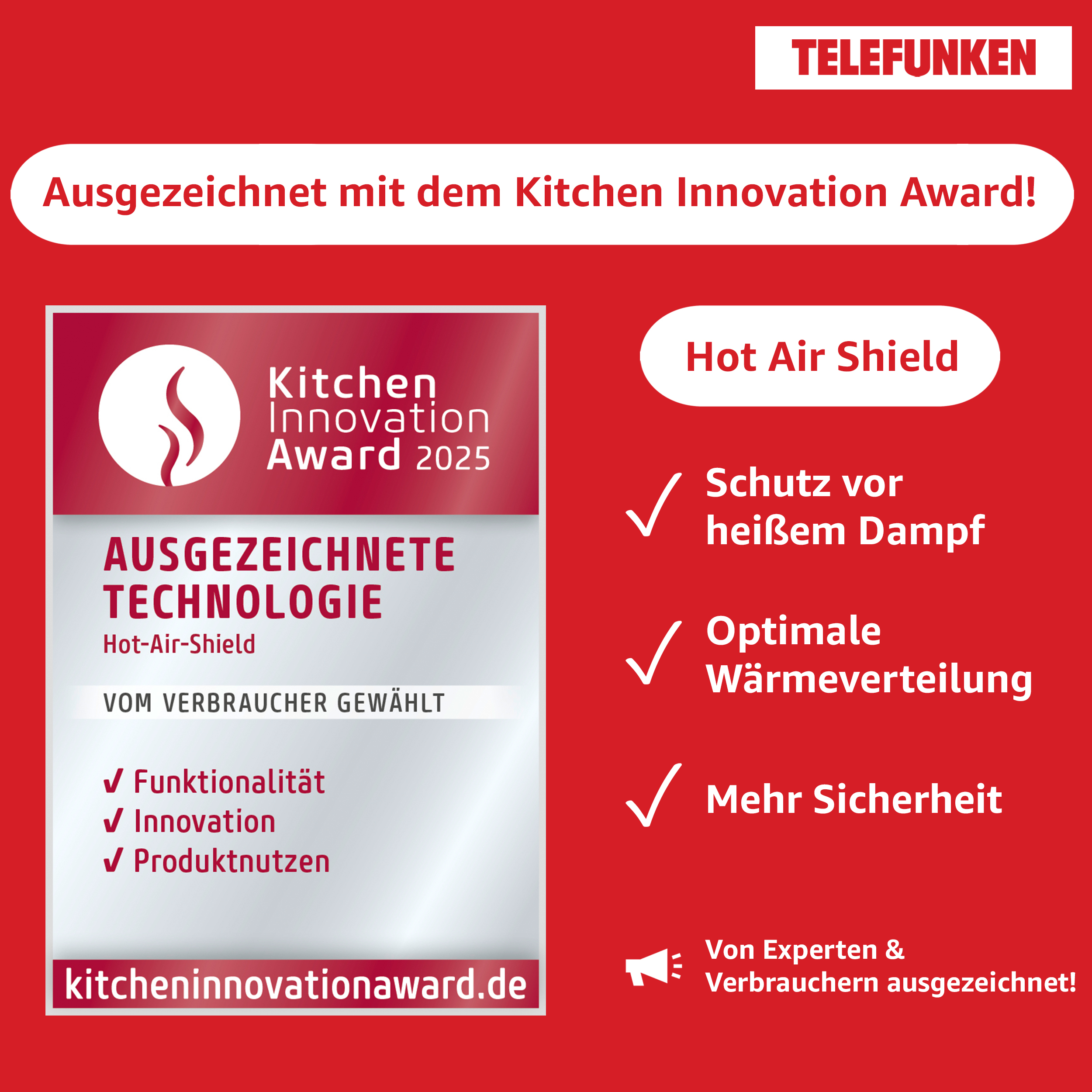 Ein rot-weißes Panel mit dem Kitchen Innovation Award und Funktionen des Hot Air Shield.