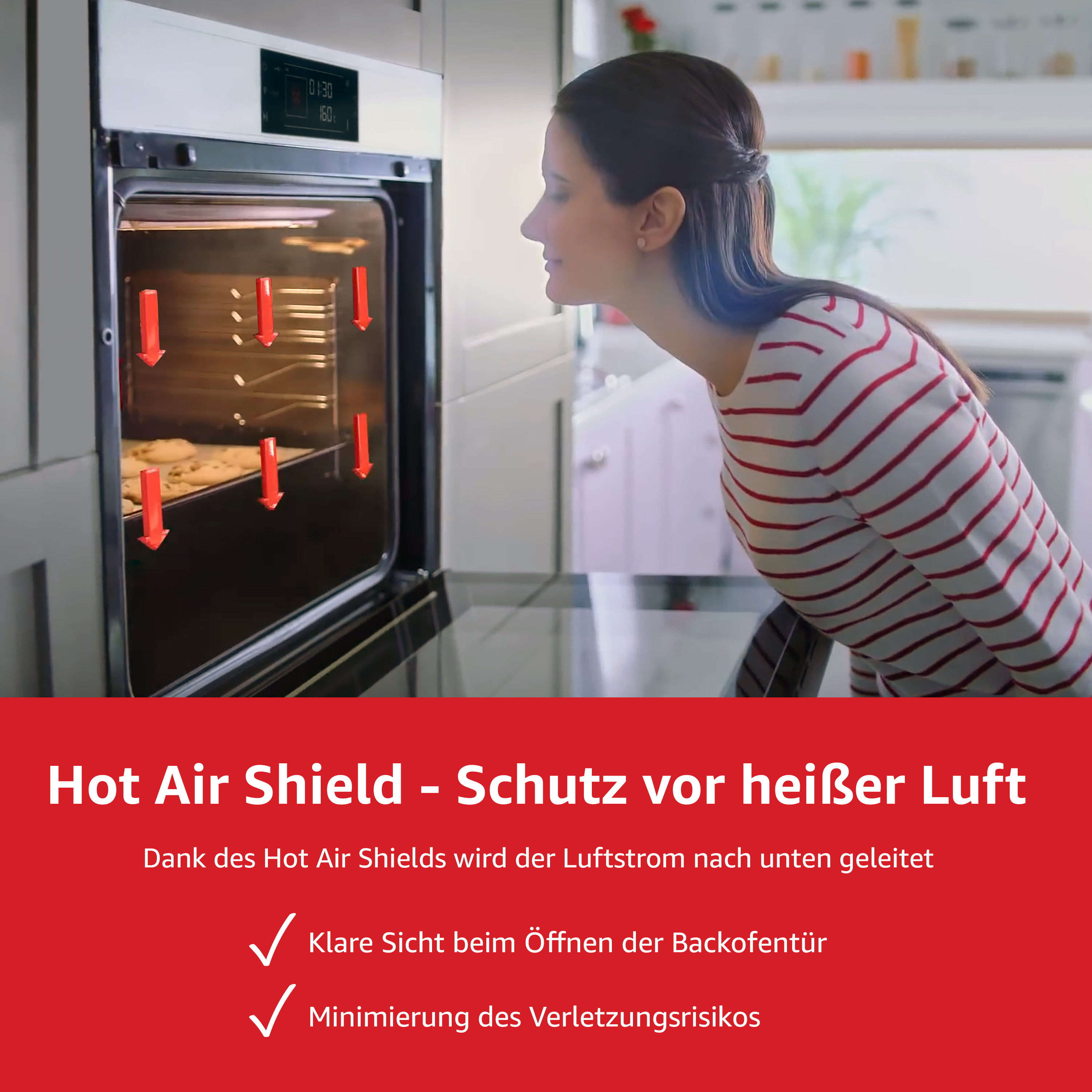 Frau schaut in den Ofen. Text: Heißluftschutz - Schutz vor heißer Luft. Pfeile zeigen Luftstrom.
