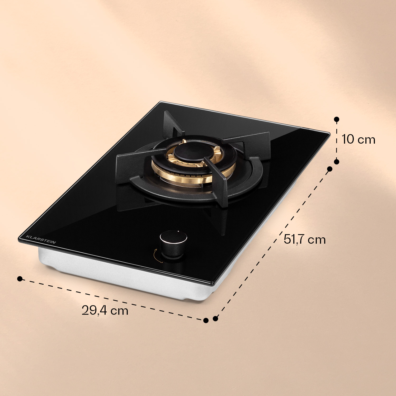 Fornello a gas in vetro nero con bruciatore dorato. Dimensioni: 29,4x51,7x10 cm.