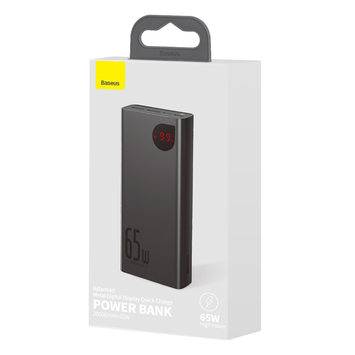 Czarny power bank z etykietą 65W, pokazujący cyfrowy wyświetlacz naładowania w 99%.