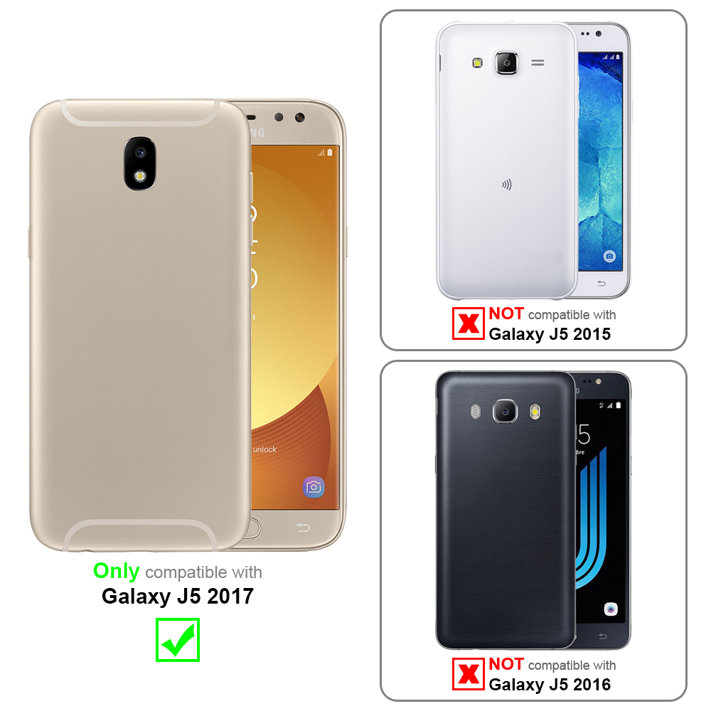 Funda dorada para teléfono, compatible con Galaxy J5 2017, mostrada con teléfonos, otros no compatibles.