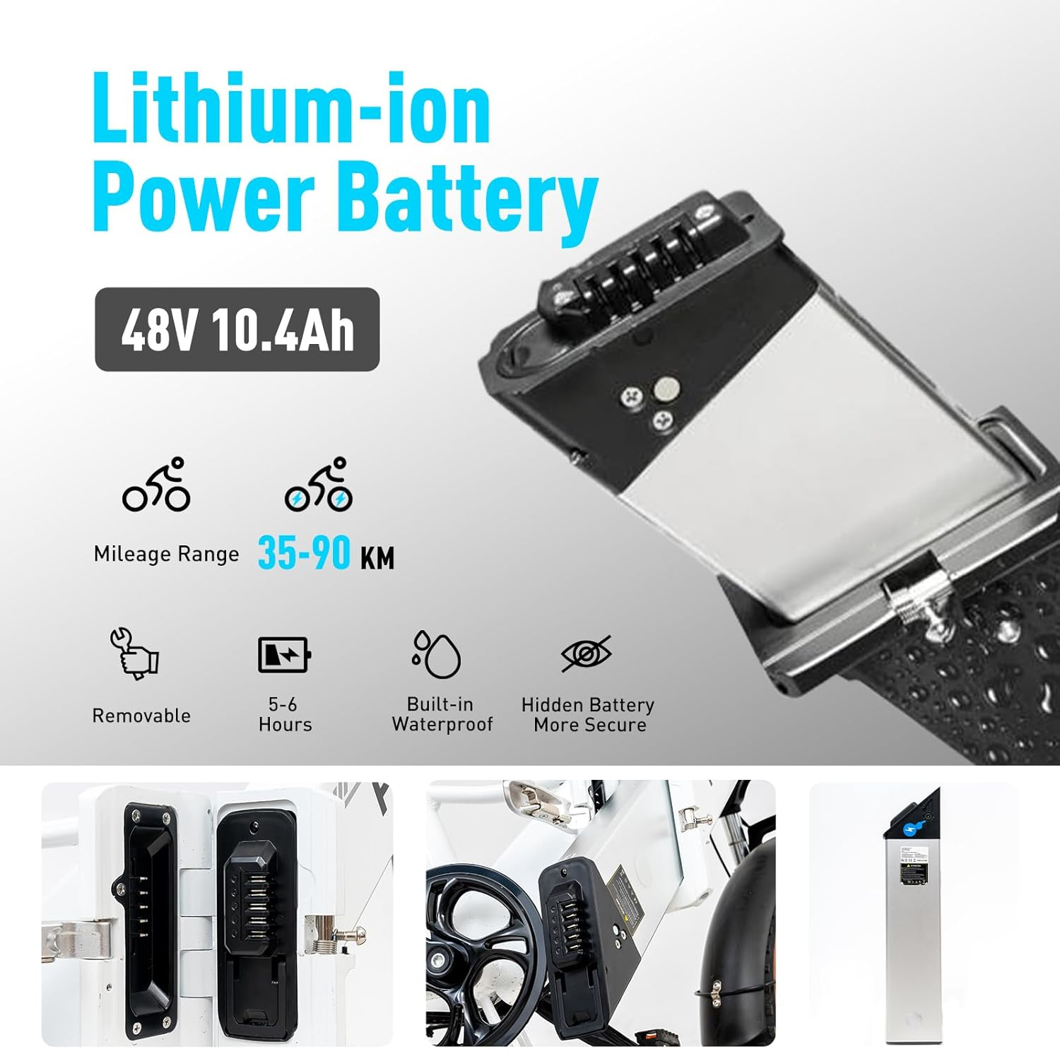 Lithium-Ionen-Akku mit Reichweiteninfo, 5-6 Stunden Ladezeit, wasserdicht und Sicherheitsdetails.