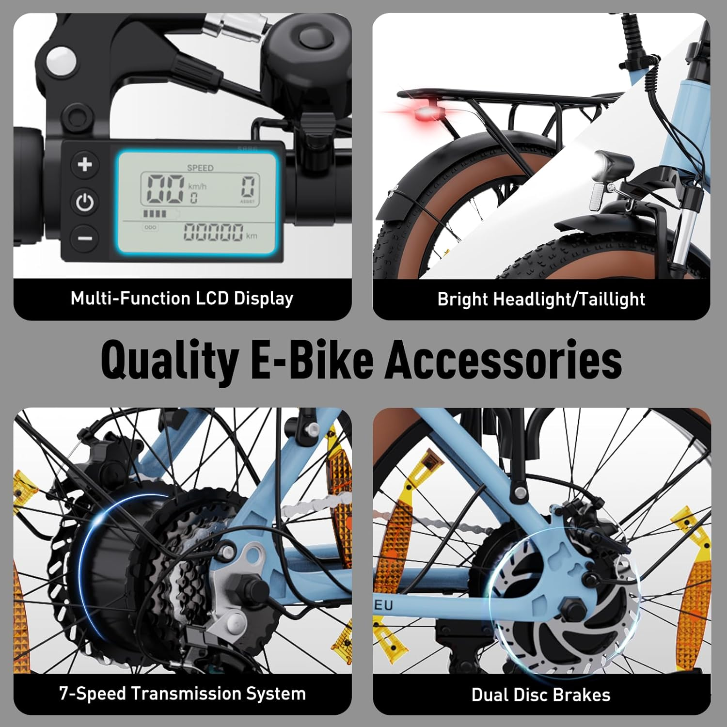 Nahaufnahme eines E-Bike-Zubehörsets. Multifunktions-LCD-Display, Lichter und Dual-Scheibenbremsen.
