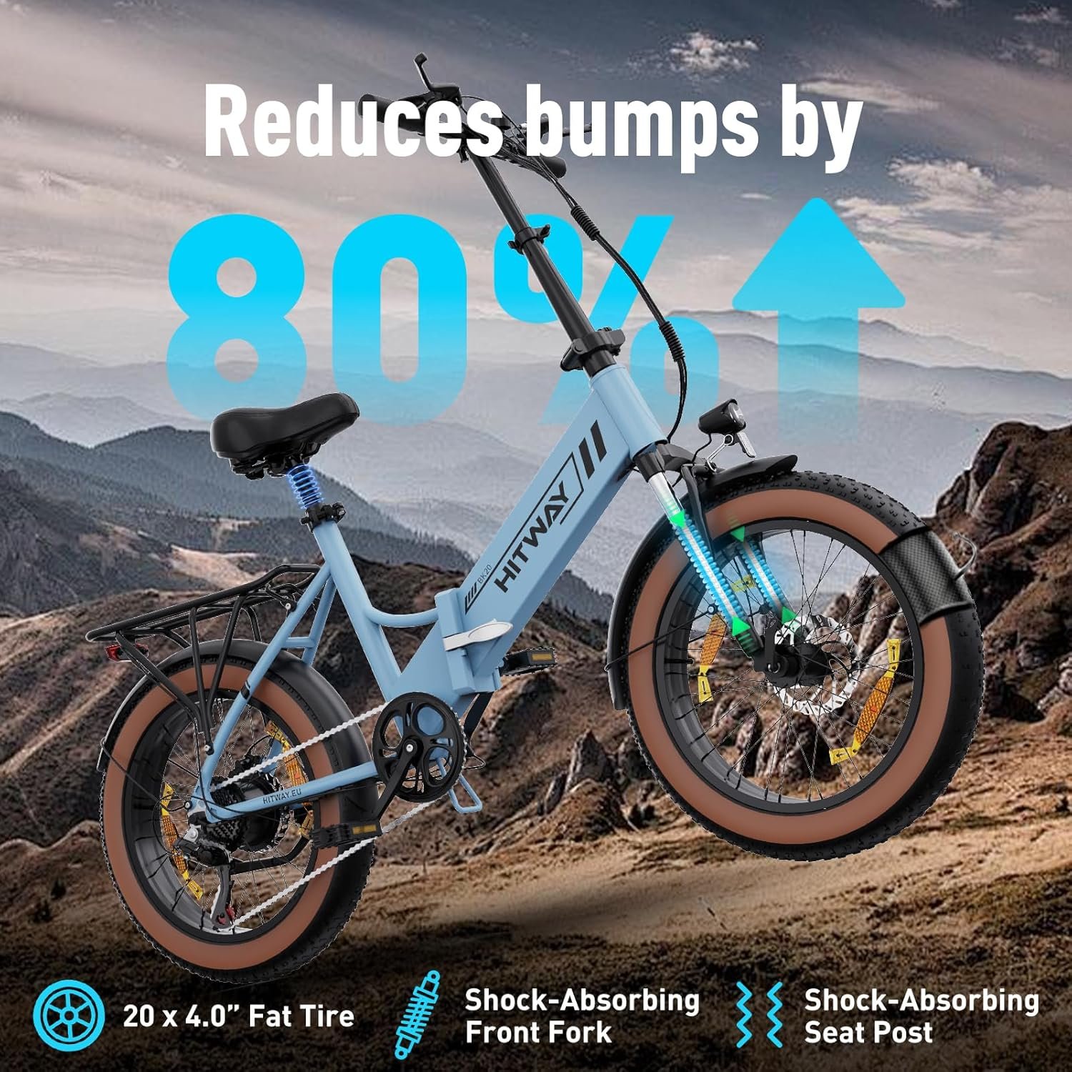 Ein blaues Elektrofahrrad mit großen Reifen auf felsigem Gelände.