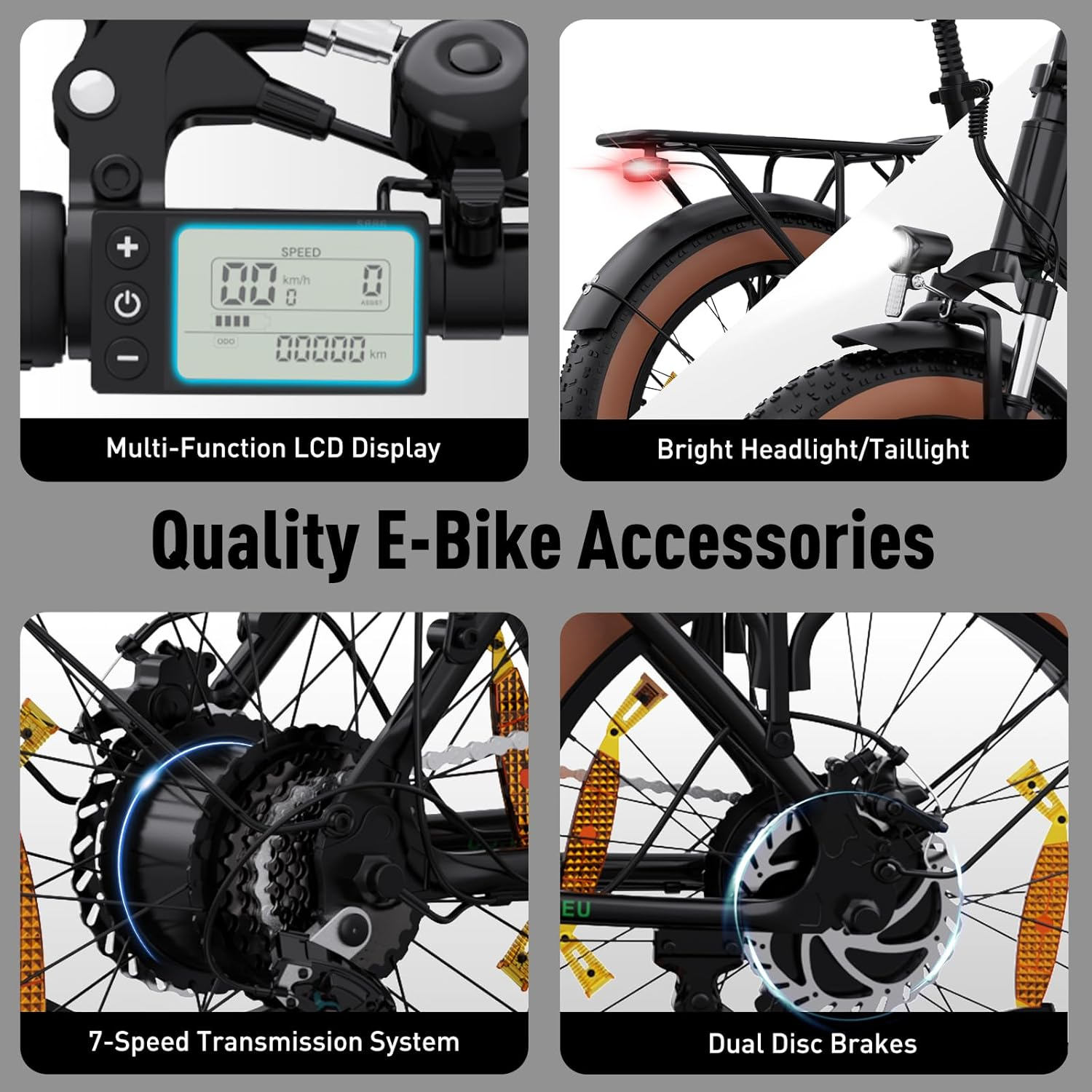 E-Bike-Zubehör mit Multifunktions-LCD-Display, hellem Scheinwerfer und 7-Gang-Getriebesystem.
