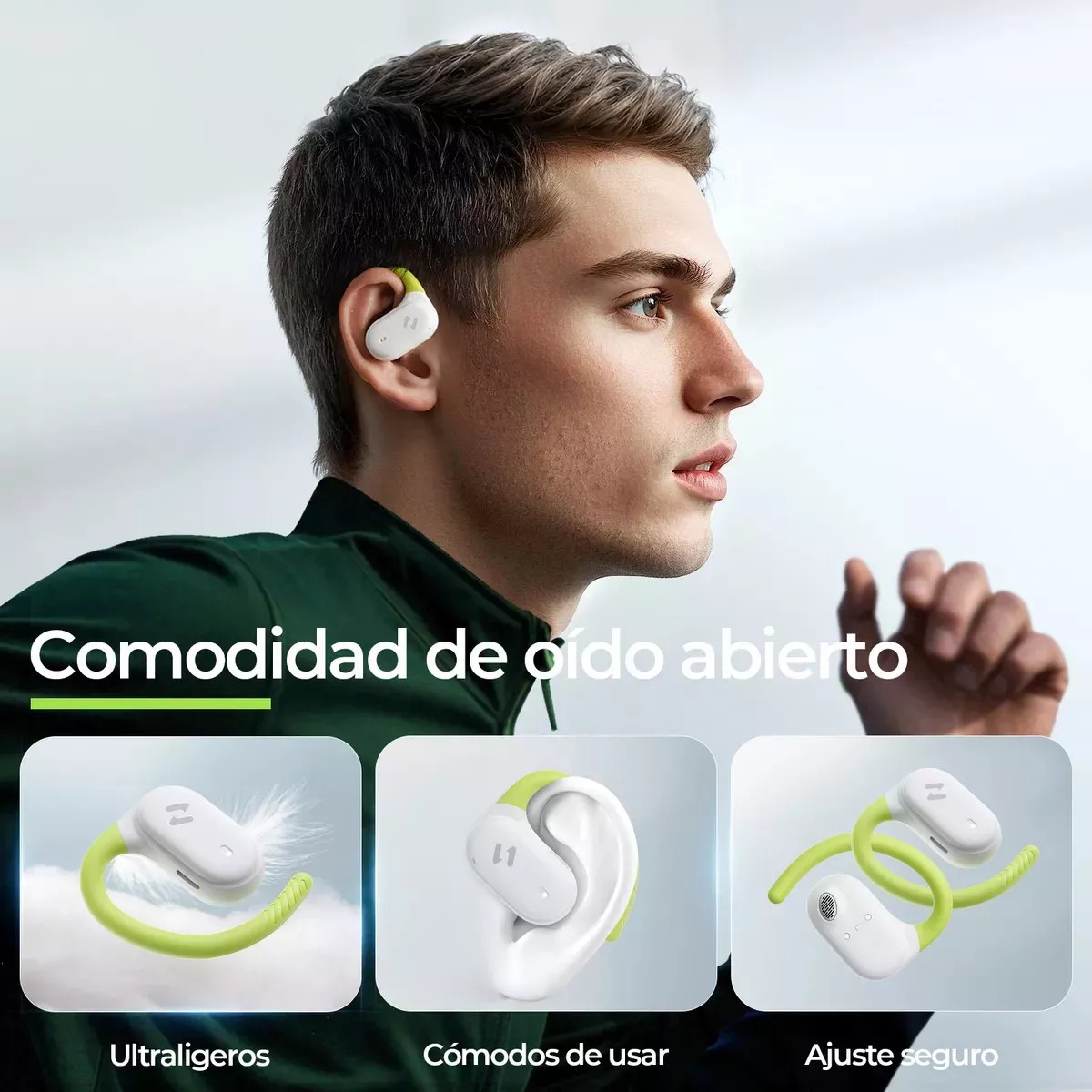 Mężczyzna noszący słuchawki douszne w trzech różnych widokach. Są biało-zielone.