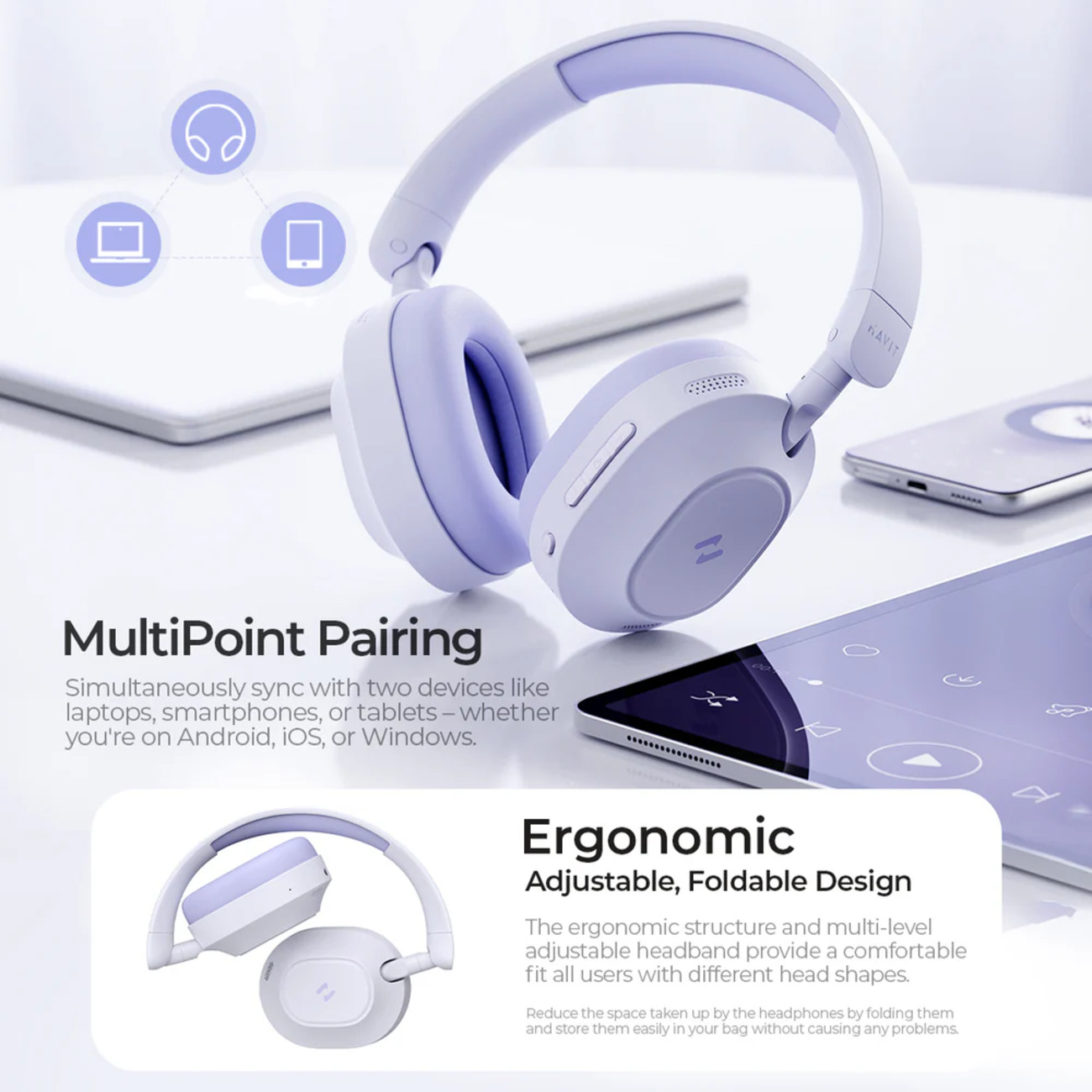 Białe i lawendowe słuchawki z tabletem i telefonem. Tekst o parowaniu wielopunktowym i designie.