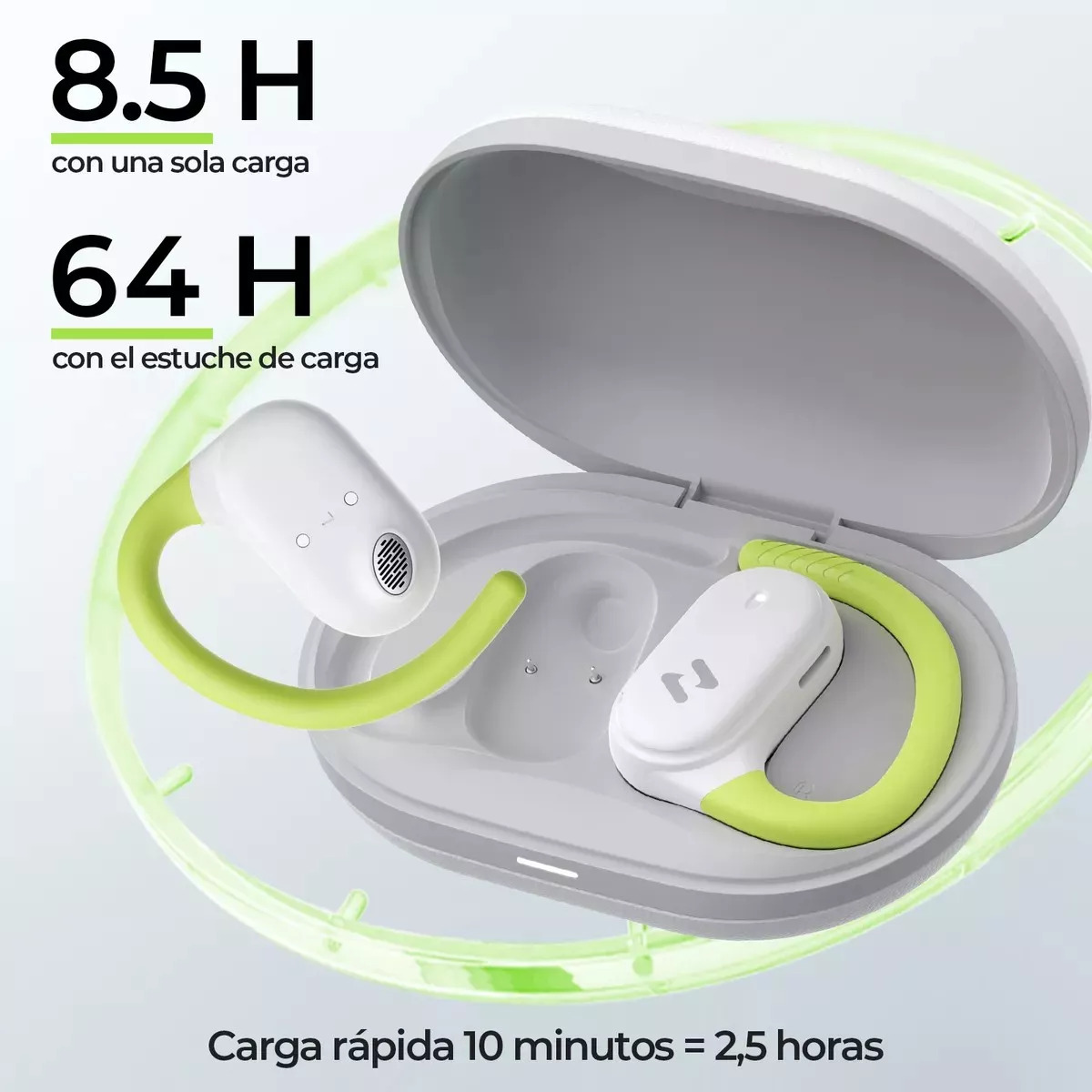 Białe i zielone bezprzewodowe słuchawki douszne i etui ładujące, z tekstem wskazującym czas ładowania i żywotność baterii.