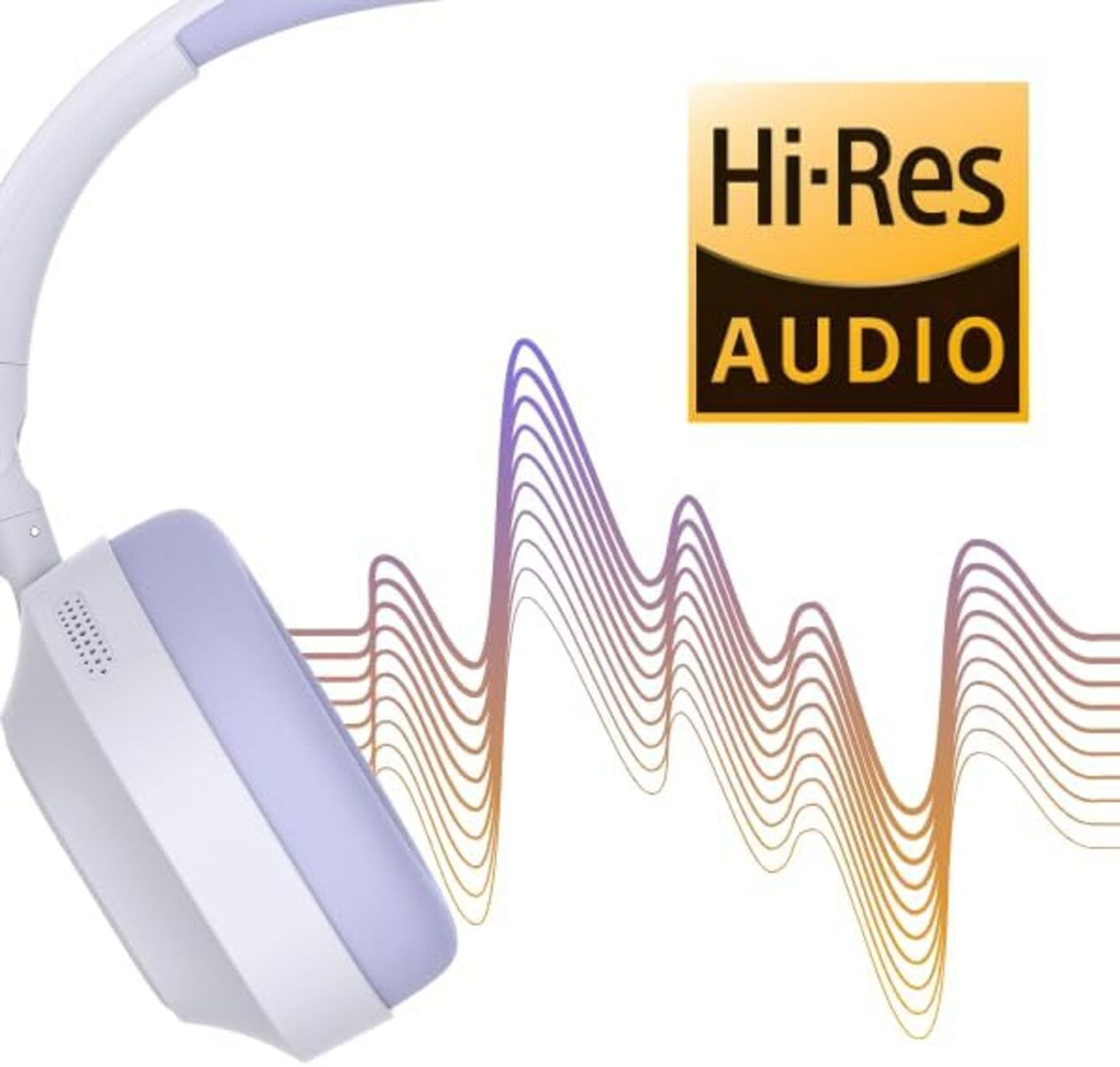 Białe i fioletowe słuchawki z logo Hi-Res Audio i ilustracją fali dźwiękowej.