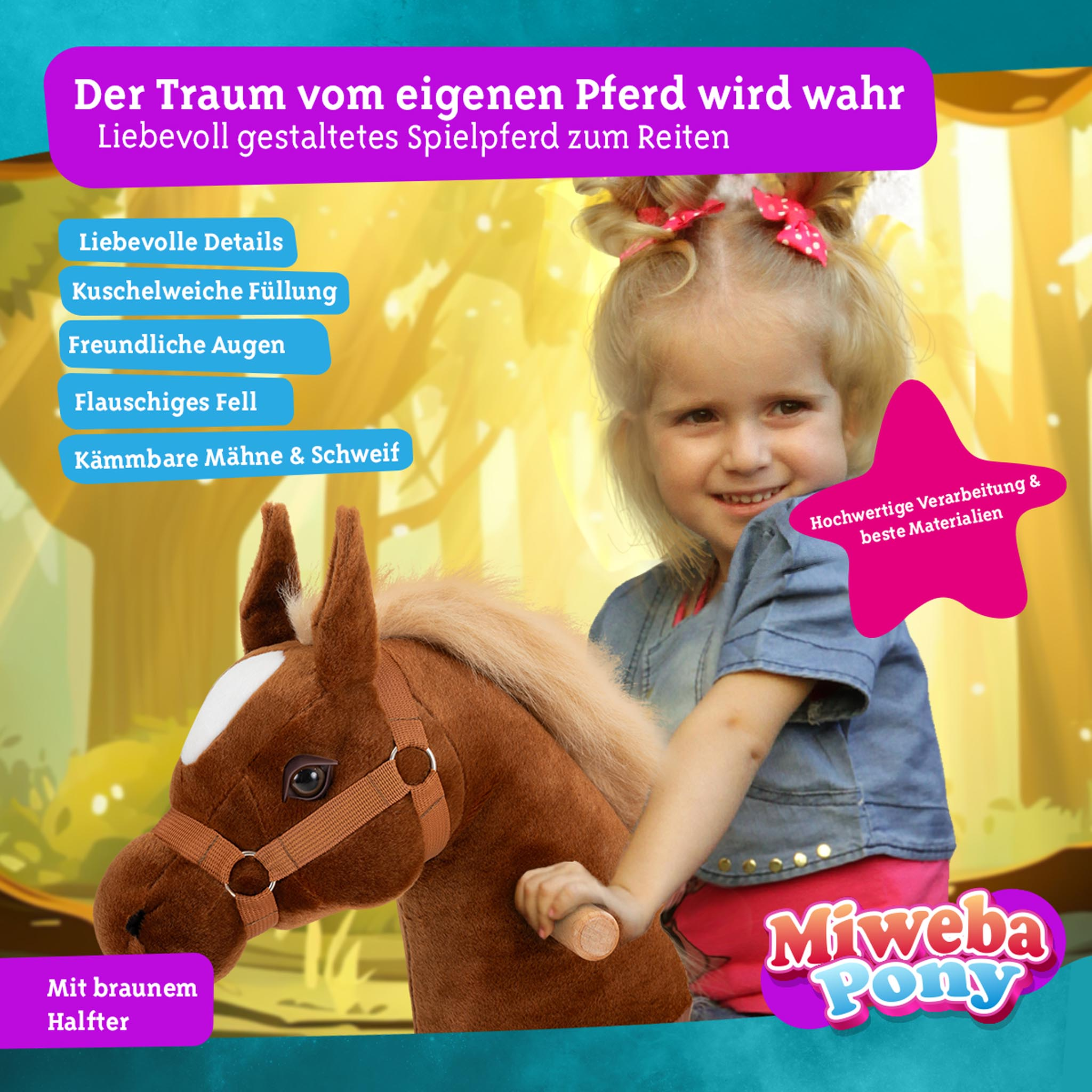Ein Mädchen auf einem Spielzeugpferd, mit Text über das Produkt und seine Eigenschaften.