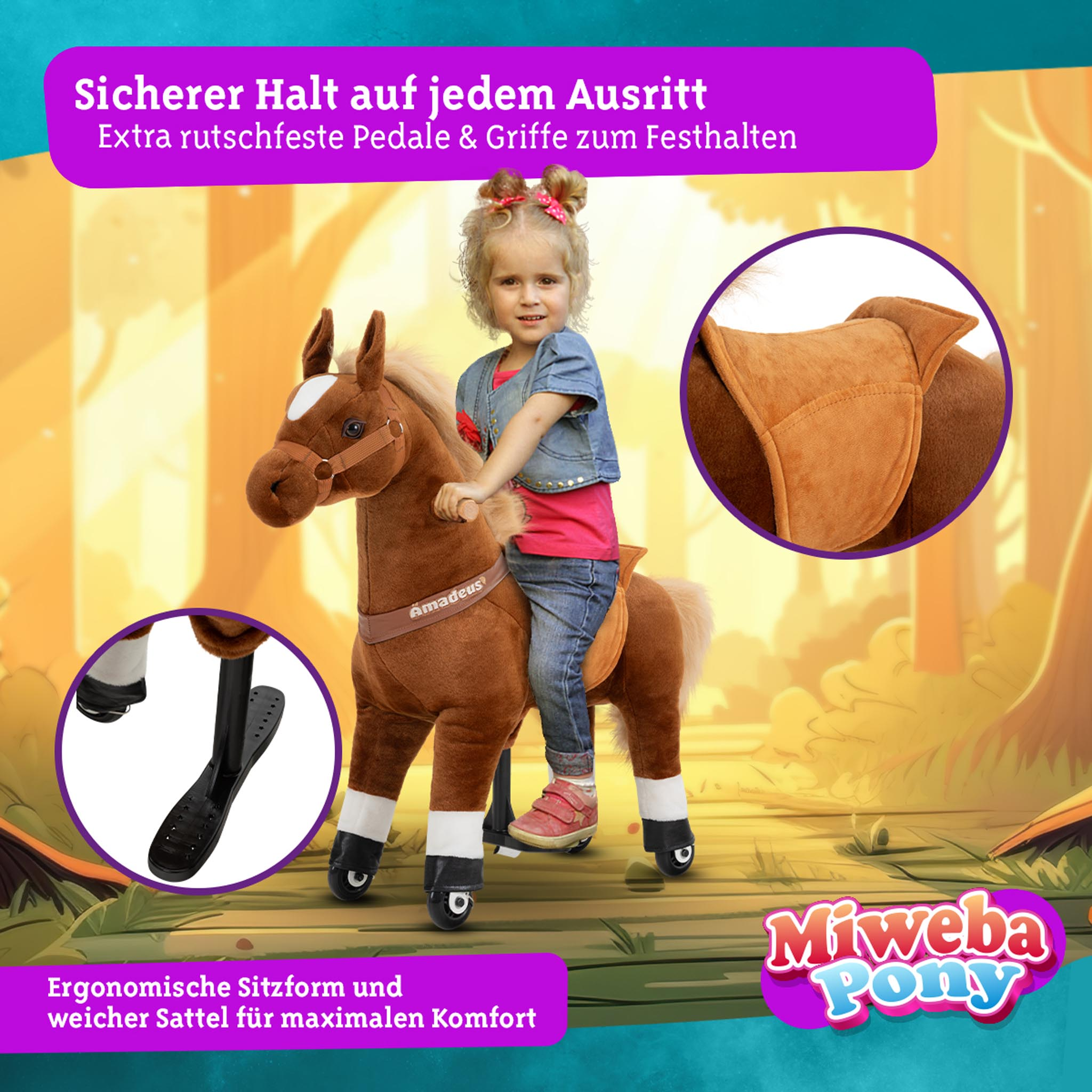 Mädchen auf einem Spielzeugpferd. Text: Miweba Pony, Amadeus. Braunes Pferd, rosa Hemd, blaue Jeans.