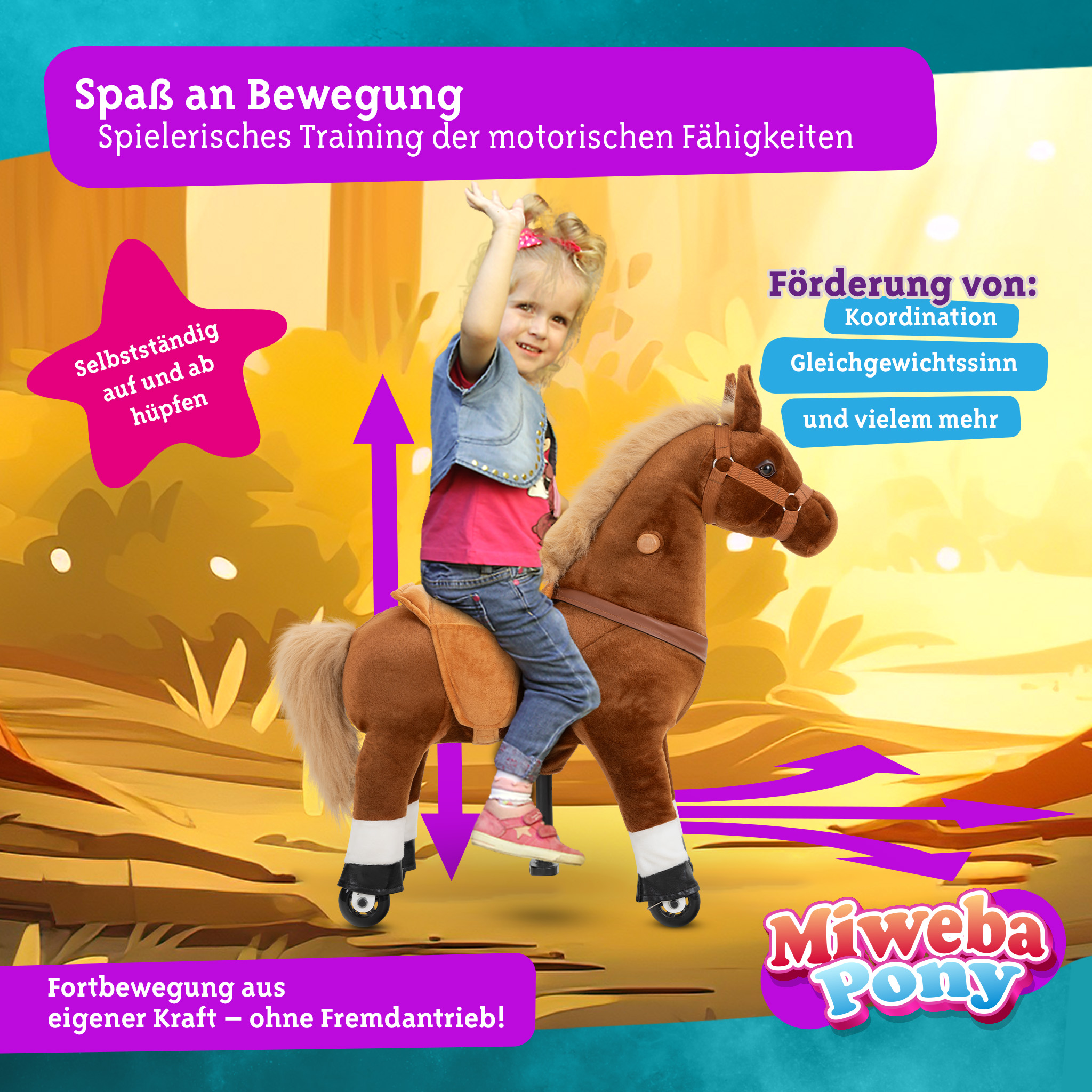Ein kleines Mädchen reitet auf einem Spielzeugpferd. Der Hintergrund ist gelb und der Text ist rosa.
