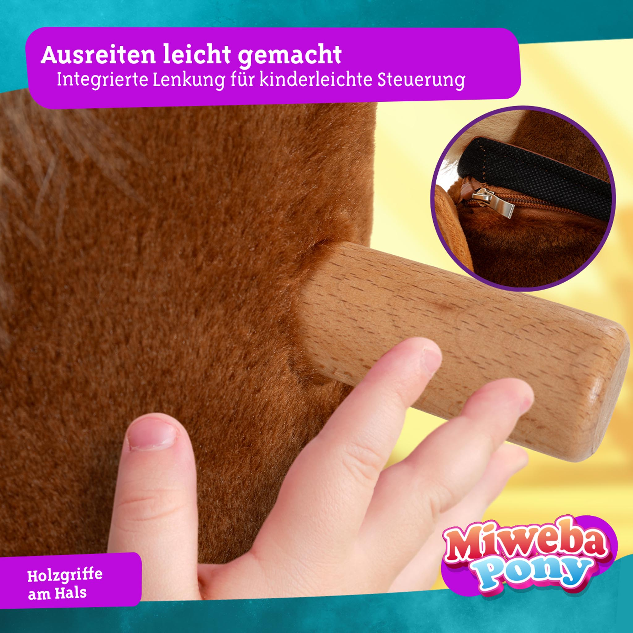 Braunes Schaukelpferd mit Holzgriffen, die Hand eines Kindes berührt den Griff.