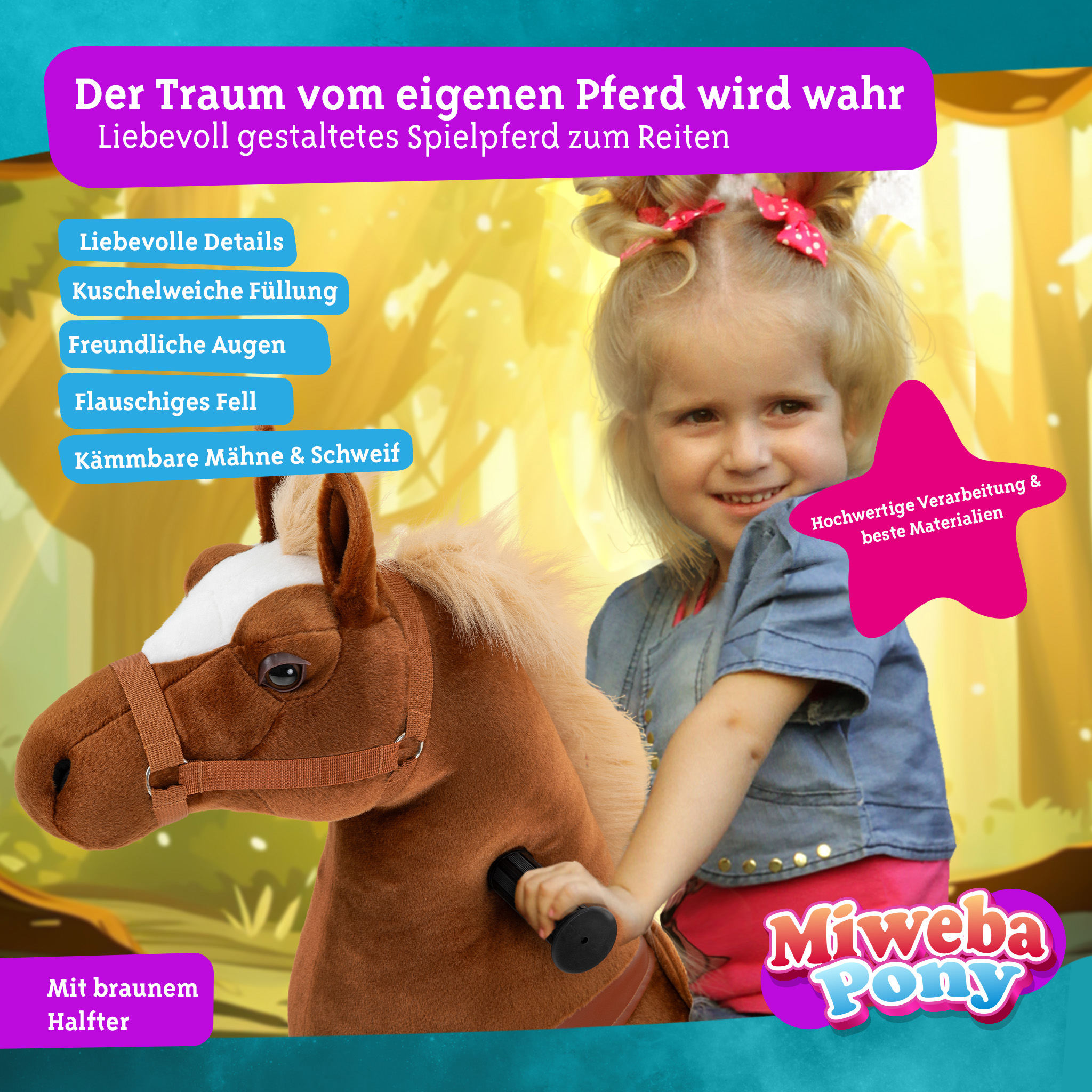 Ein Mädchen reitet auf einem Spielzeugpferd. Das Pferd ist braun und hat einen weißen Fleck. Text bewirbt das Pferd als Spielzeug.