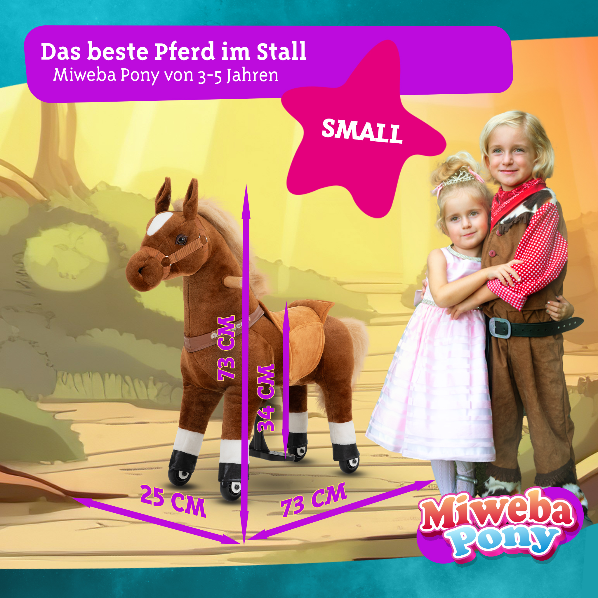 Ein Spielzeugpferd und zwei Kinder in einer Spielszene. Das Pferd hat Maße und ein rosa 'SMALL' Schild.