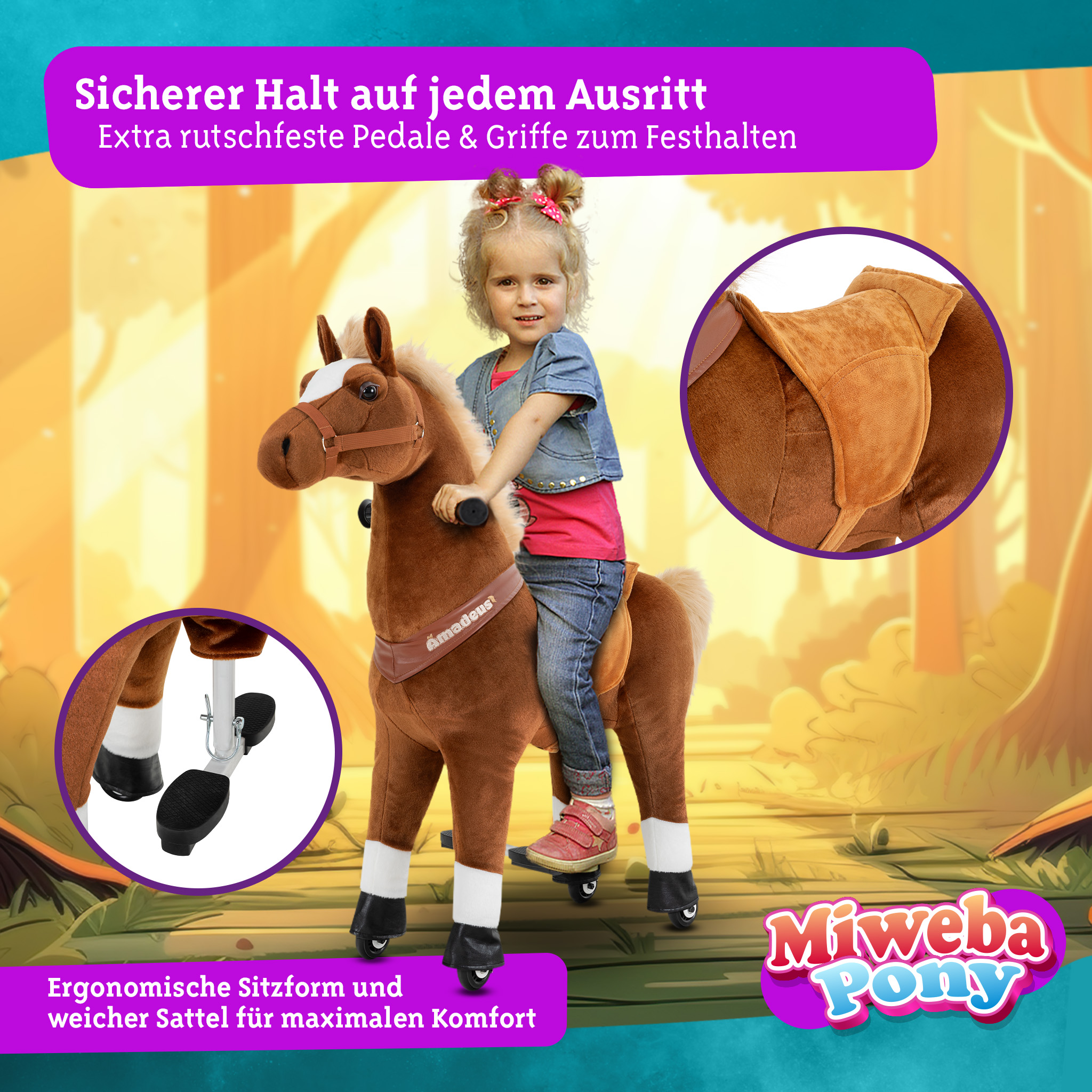 Ein junges Mädchen reitet auf einem Spielzeugpferd mit Text, der ergonomisches Design und Komfort angibt.
