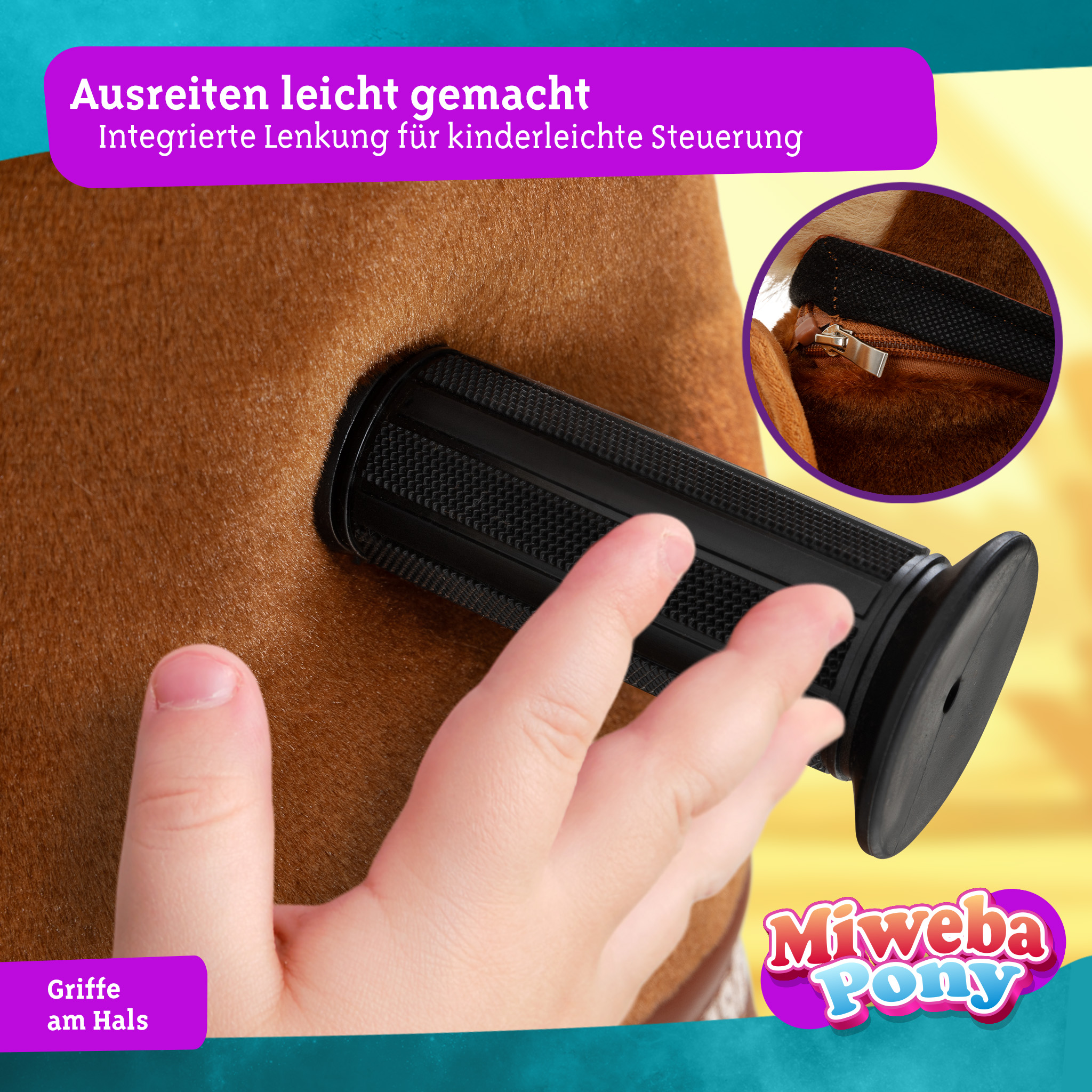 Kinderhand hält einen schwarzen Griff an einem braunen Pony-Spielzeug. Text über einfaches Lenken.