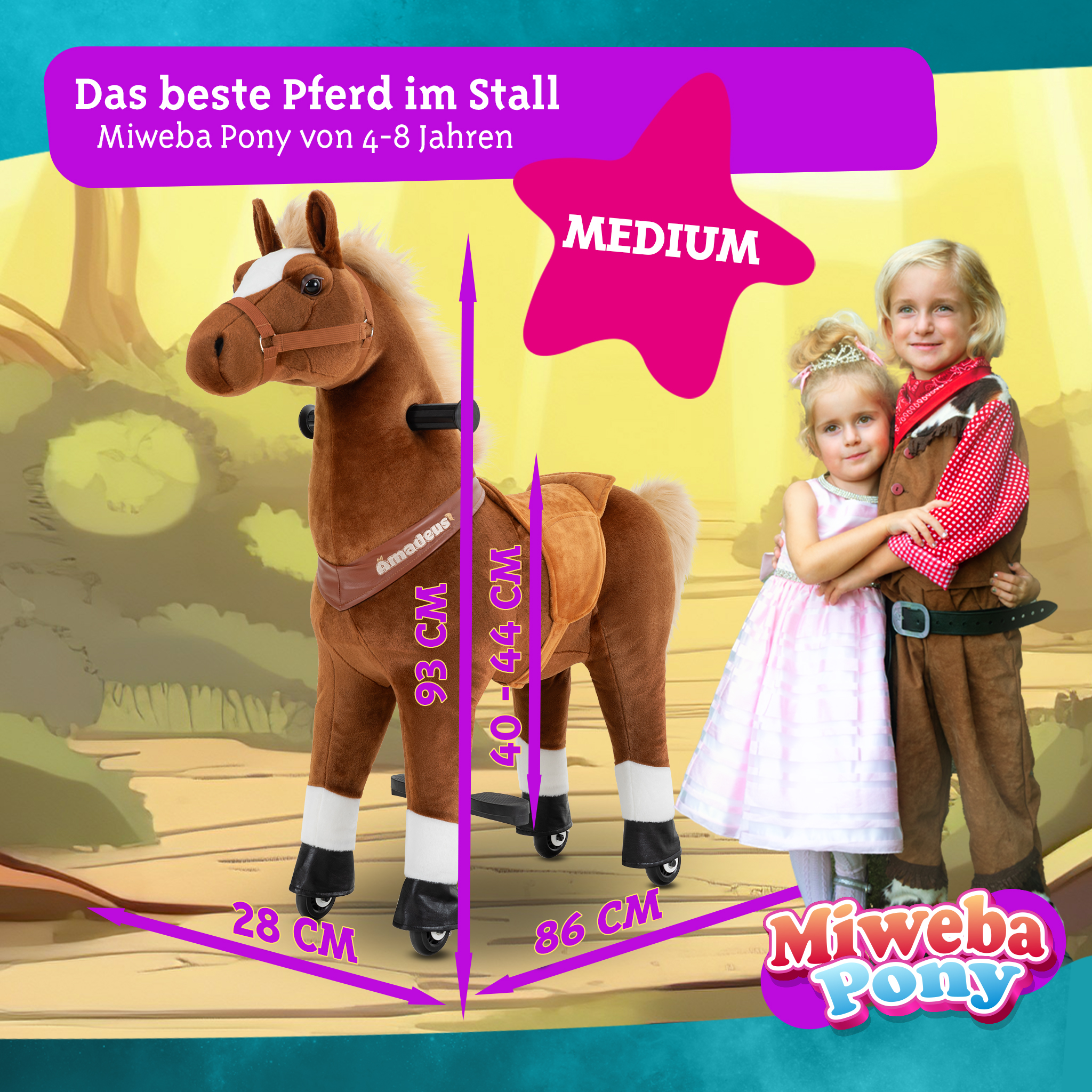 Zwei Kinder mit einem Spielzeugpferd mit Maßen. Das Pferd ist braun und hat einen Sattel.
