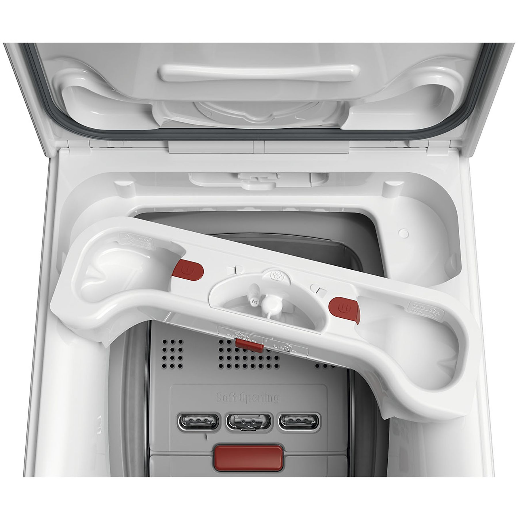 Biała szuflada na detergent do pralki, otwarta, pokazuje wnętrze. Widoczne czerwone przyciski.