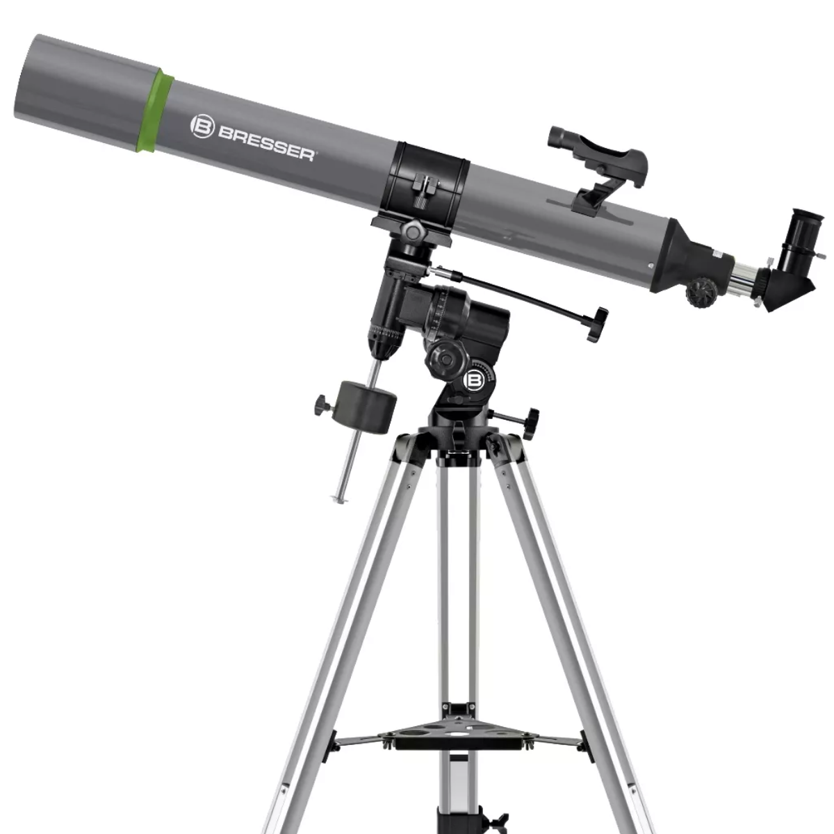 Telescopio gris sobre un trípode. El telescopio tiene una banda verde cerca de la lente.