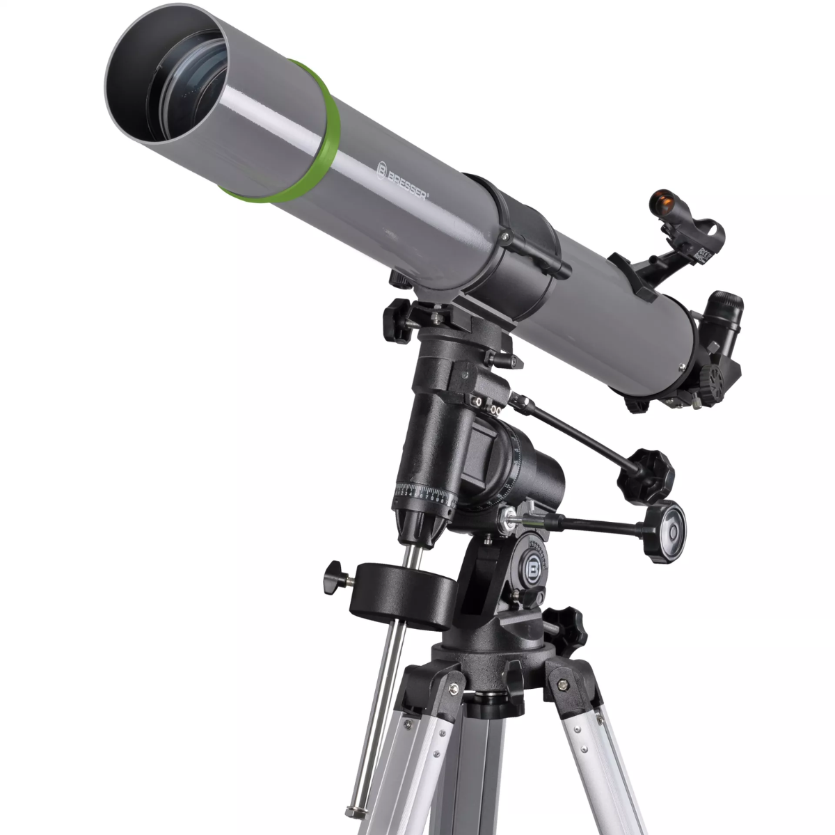 Telescopio gris sobre trípode, con detalles verdes y negros.