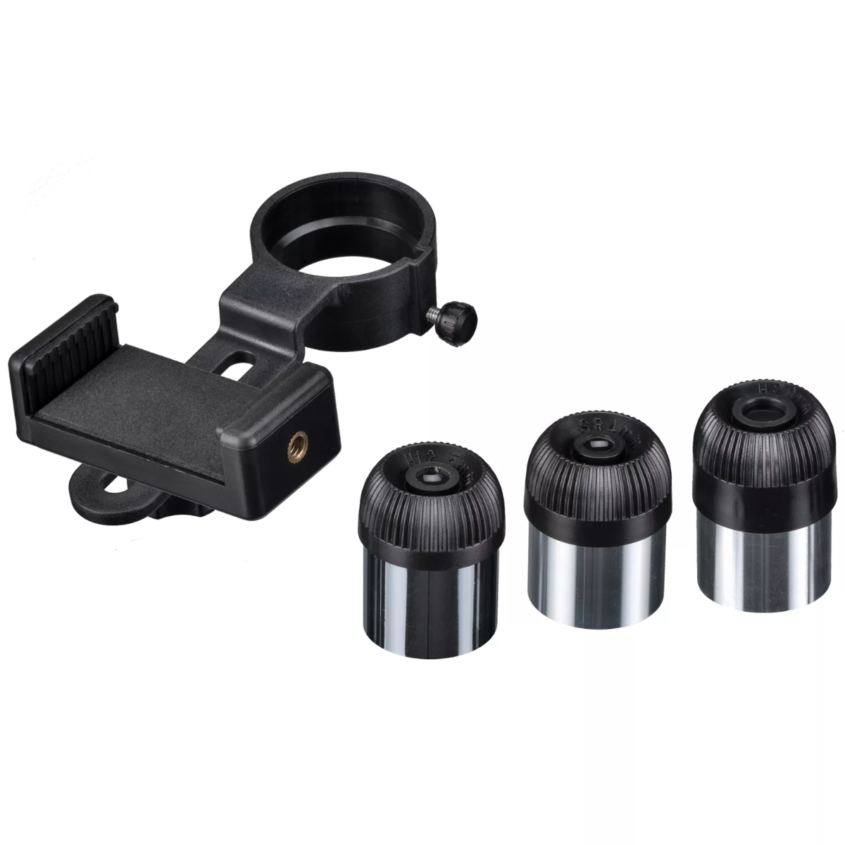 Accesorios de microscopio para un teléfono. Incluye un soporte para teléfono y tres lentes.