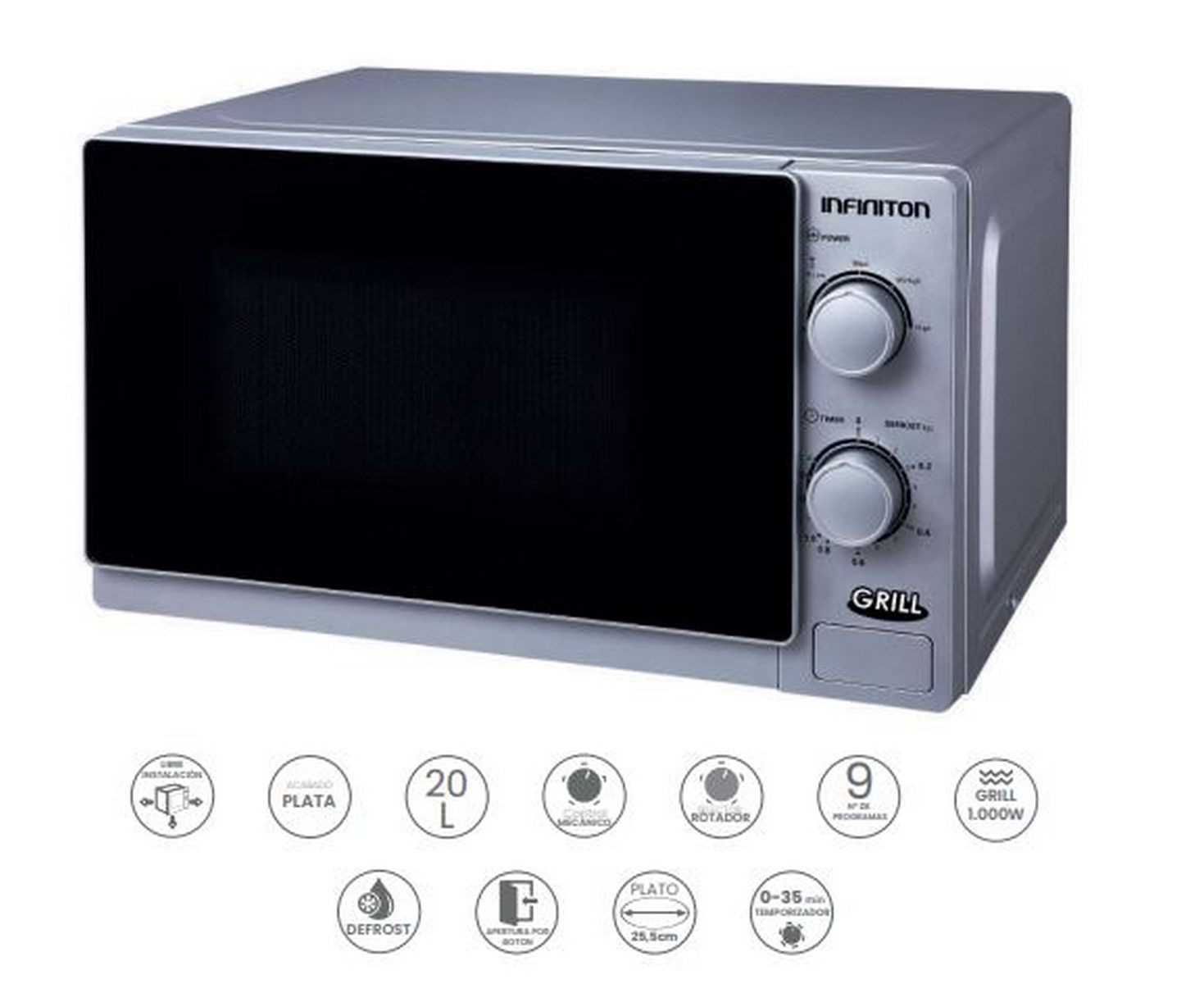 Horno microondas plateado. Tiene dos mandos y una pantalla digital. Puerta y parrilla negras.