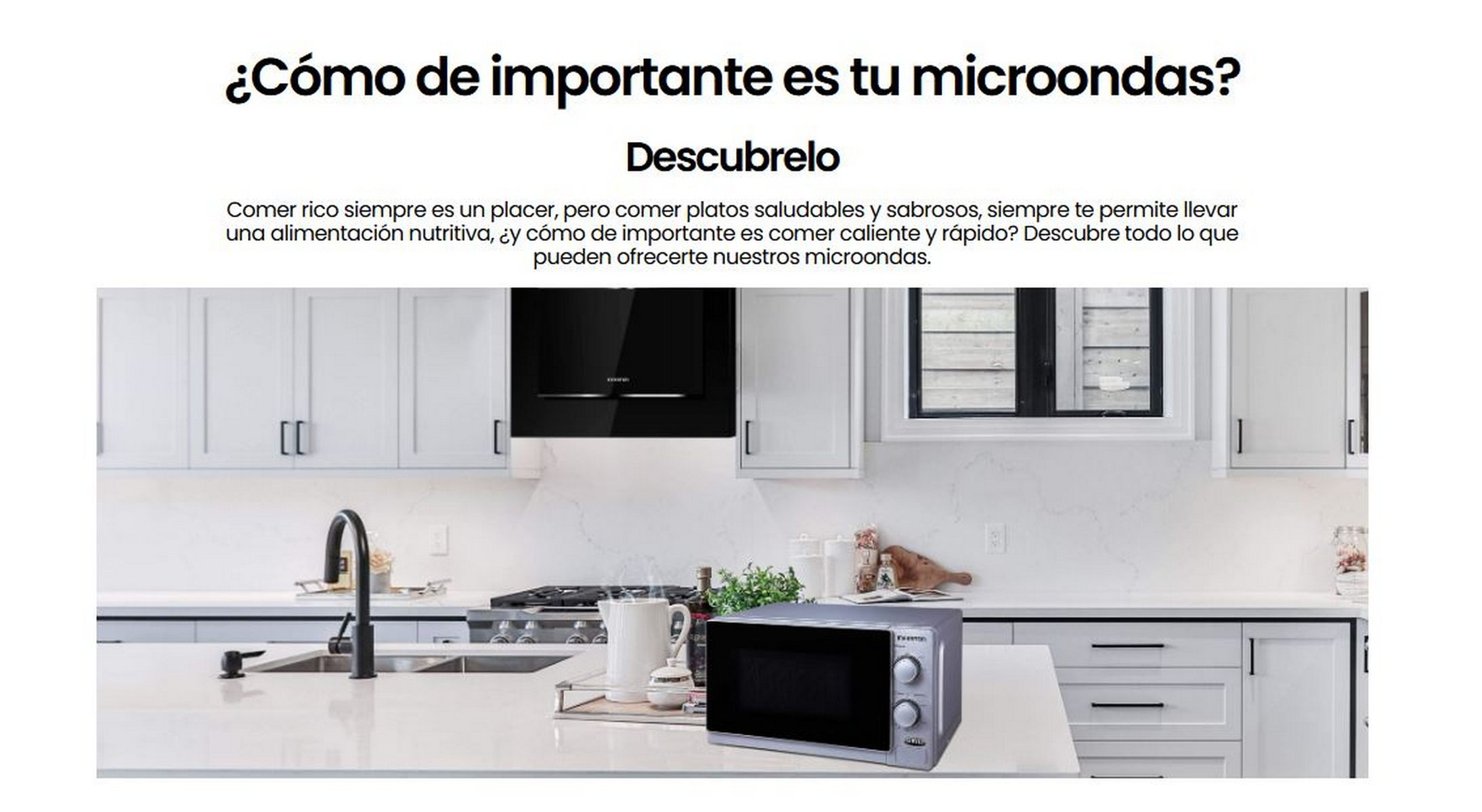 Cocina con armarios blancos, microondas en la encimera. Texto en español sobre microondas.