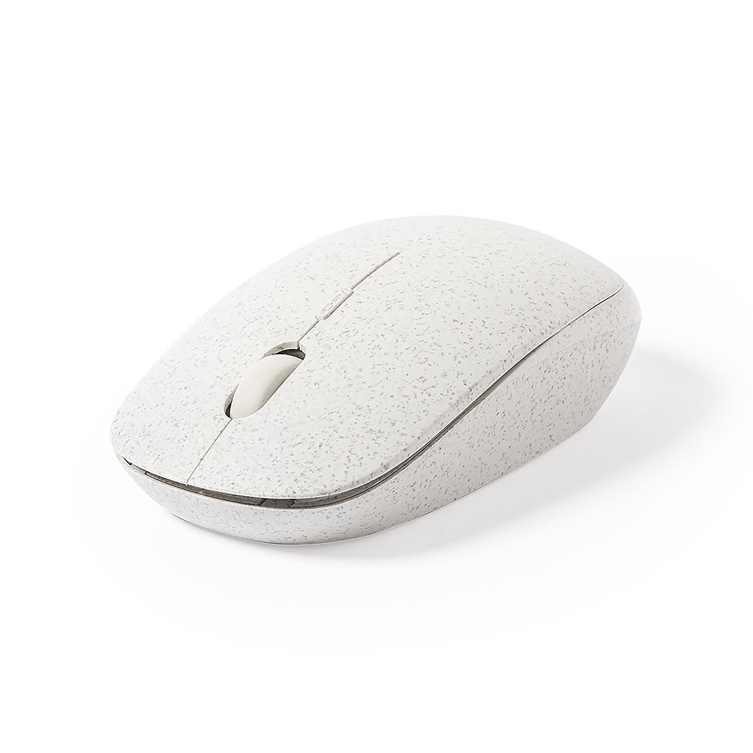 Ratón inalámbrico blanco con superficie texturizada y rueda de desplazamiento.
