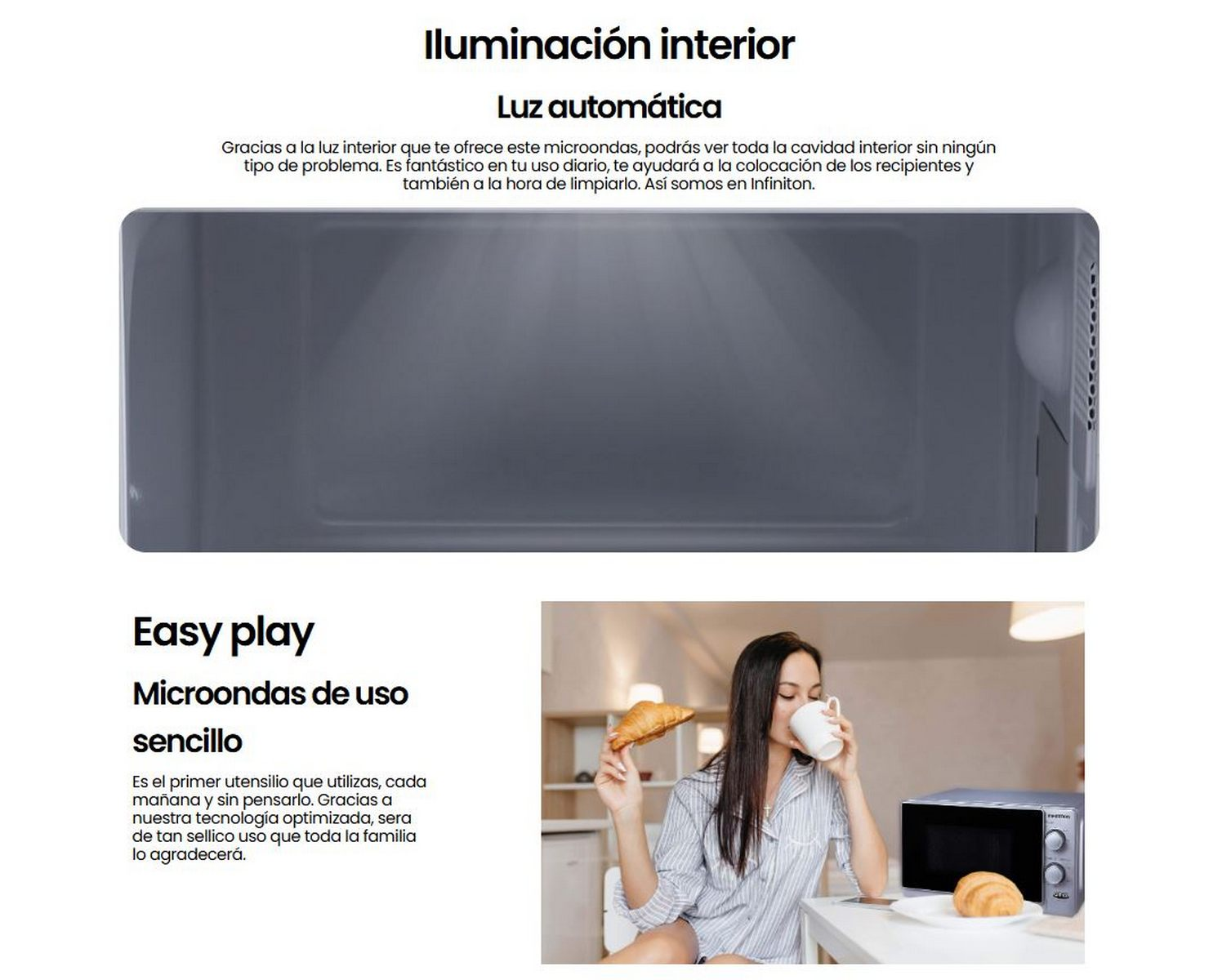 Interior de microondas. Texto arriba. Mujer y comida abajo en una cocina.