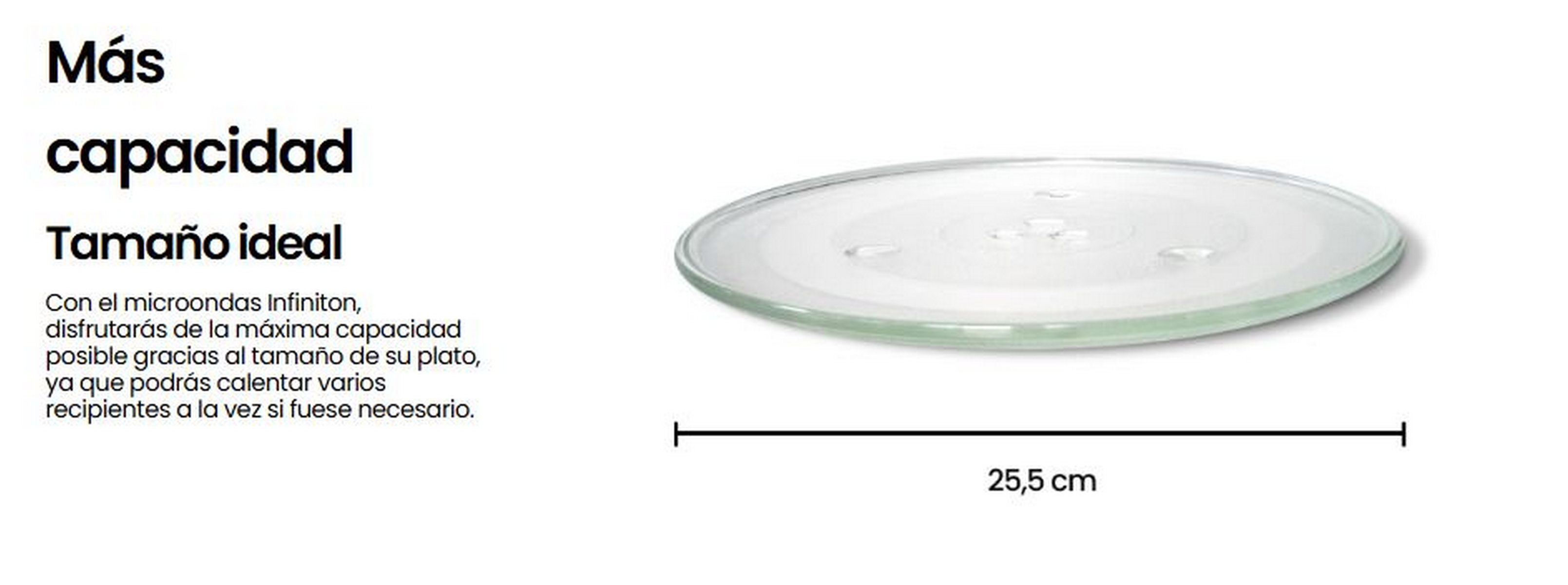 Una placa de microondas de vidrio transparente con 25,5 cm de diámetro, texto en español.