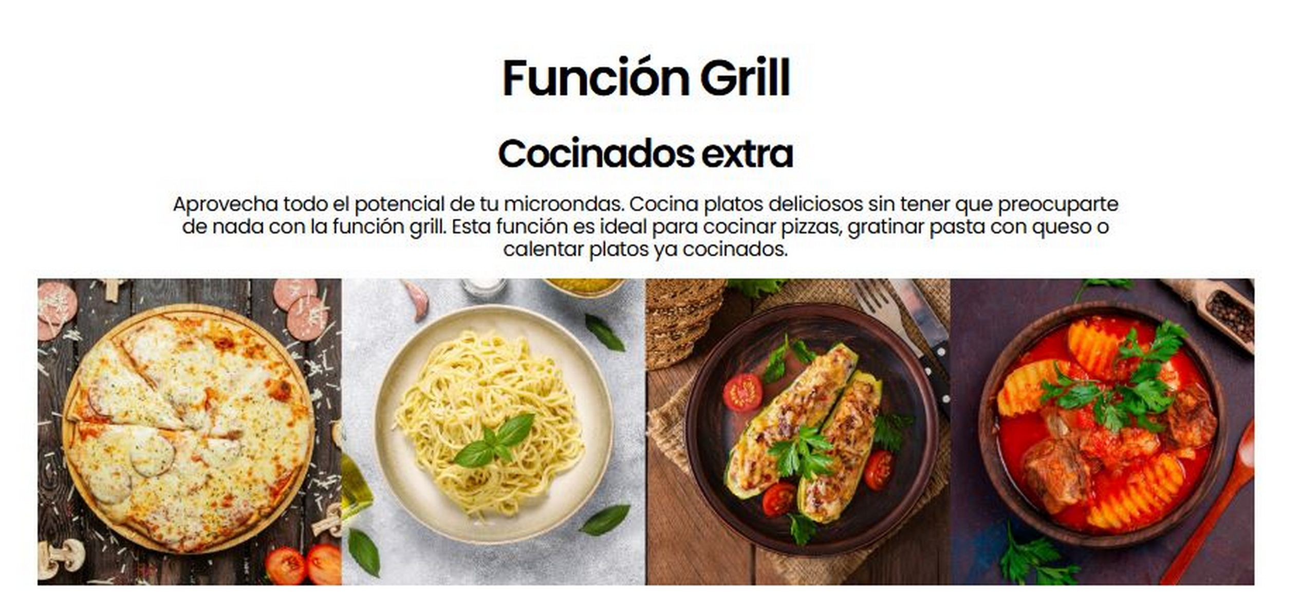 La imagen muestra ejemplos de alimentos cocinados, pizza, pasta, verduras y un guiso, que se pueden cocinar en un microondas.