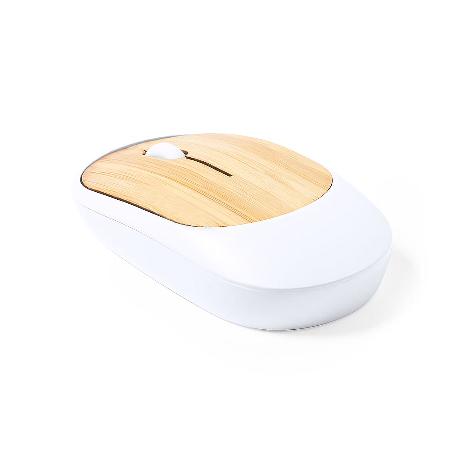 Un mouse wireless bianco e con venature del legno. Ha una rotella di scorrimento e un design liscio e curvo.
