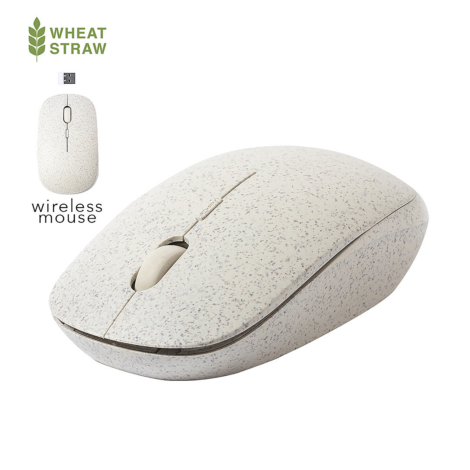 Ratón inalámbrico. Cuerpo beige con rueda de desplazamiento blanca y un pequeño receptor USB. Fondo blanco.