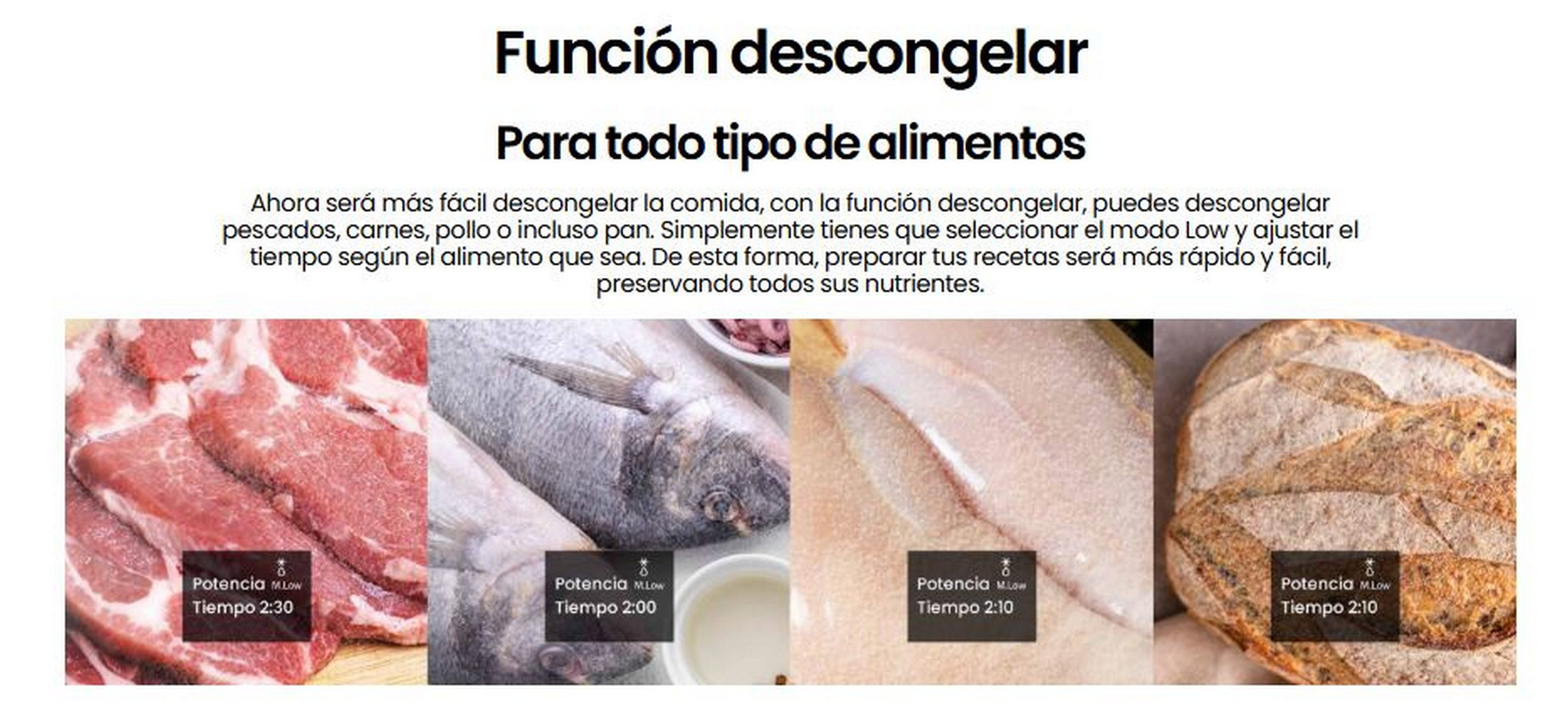 Imágenes que muestran alimentos para descongelar. Carne, pescado y pan se muestran con tiempos de descongelación.