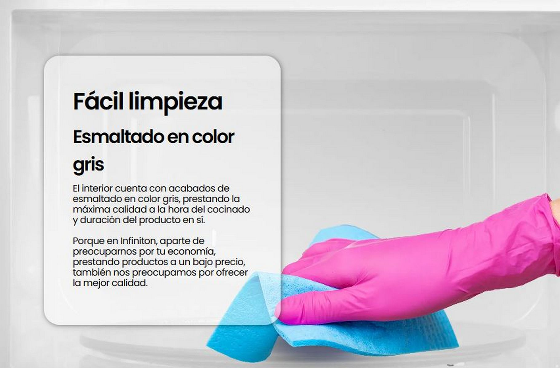 Un microondas con texto sobre fondo blanco. Una mano enguantada limpia el microondas.