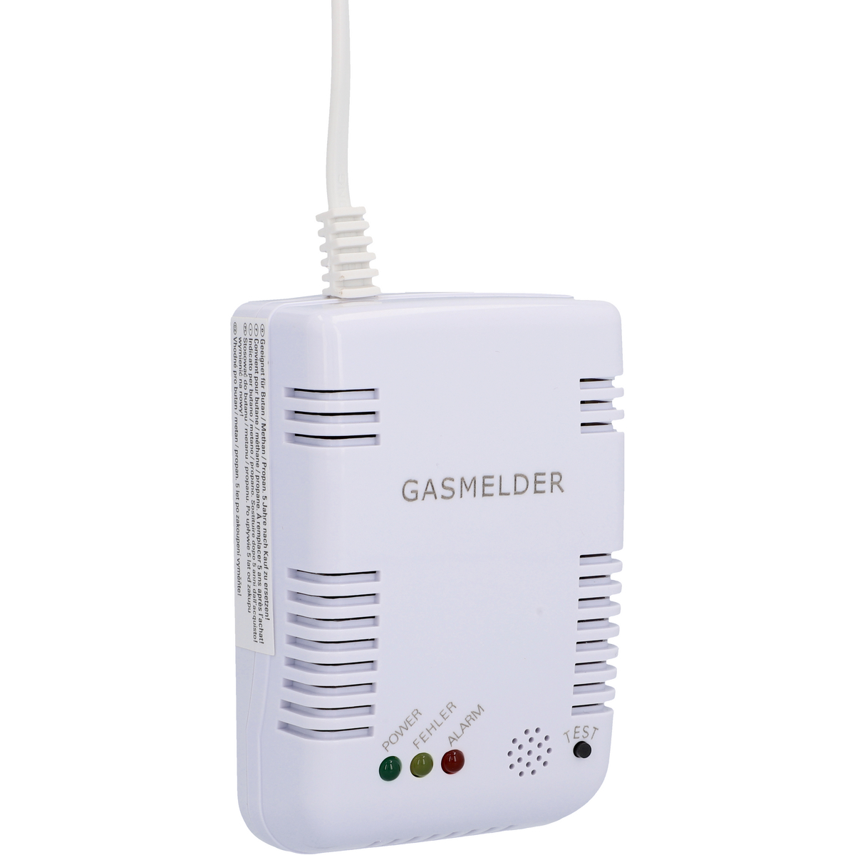 Weißer Gasmelder mit Strom-, Fehler- und Alarmanzeigen. Ein weißes Kabel ist angebracht.