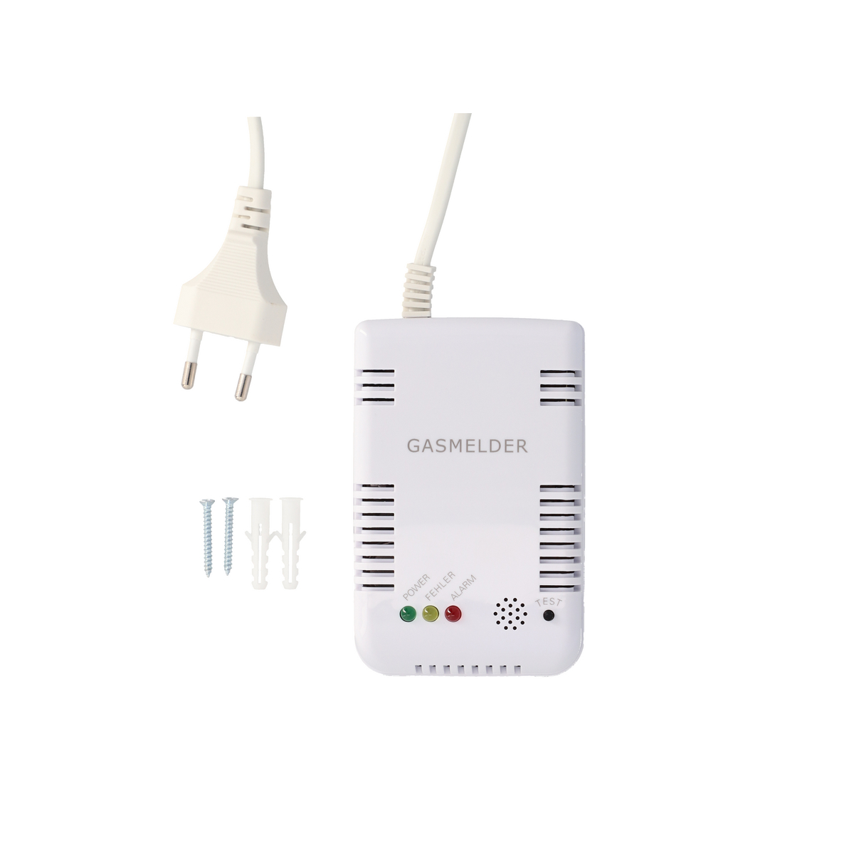 Weißer Gasmelder mit Strom-, Fehler- und Alarmanzeigen, Stecker und Schrauben.