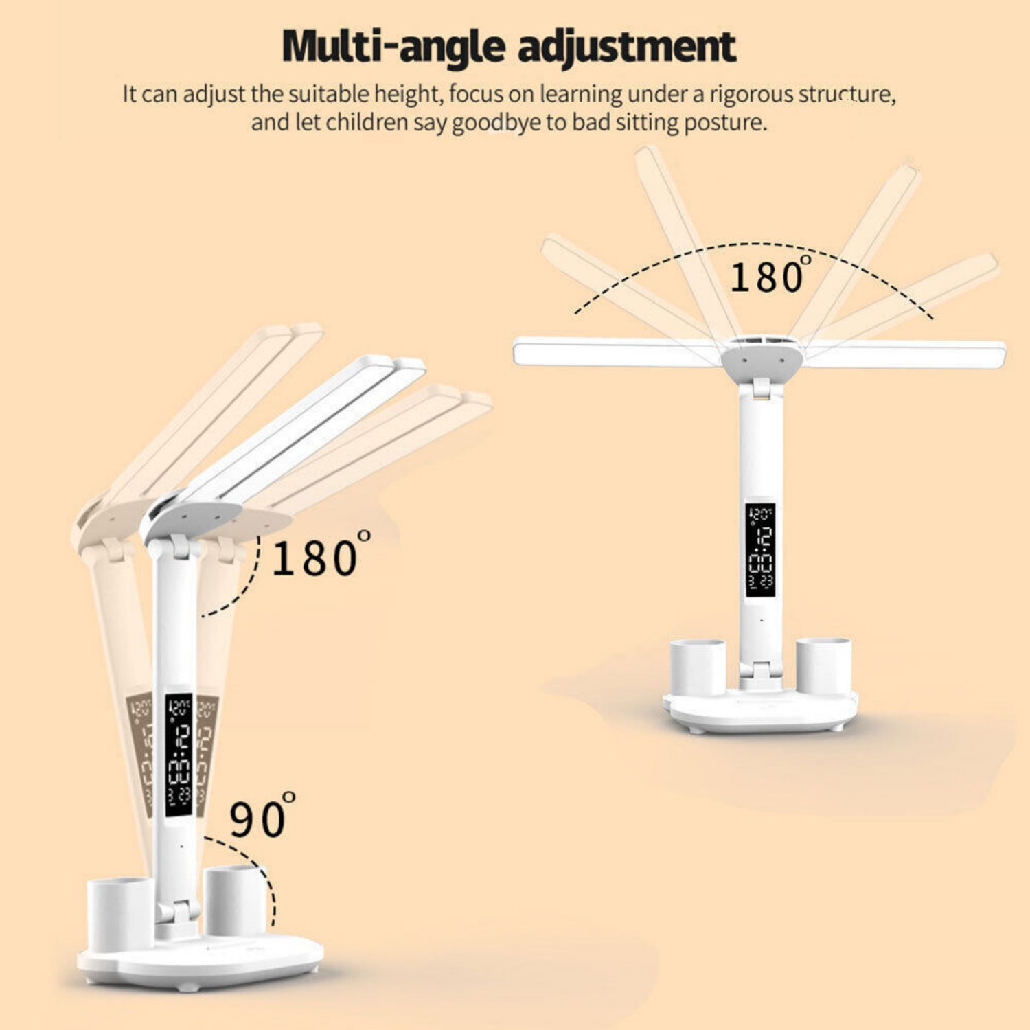 Eine weiße Schreibtischlampe mit Multi-Winkel-Einstellung.