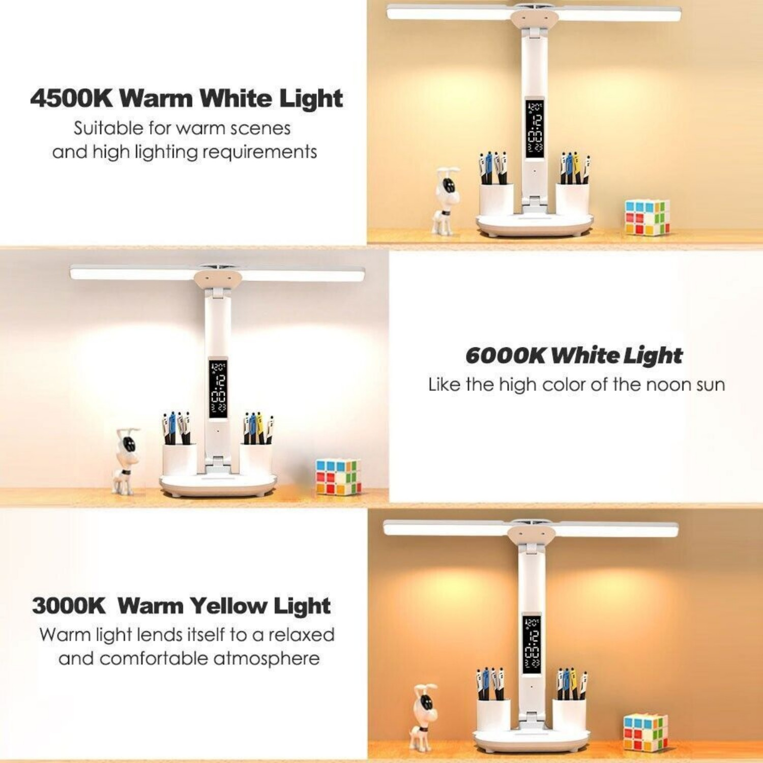 Drei Lampen mit unterschiedlichen Lichttemperaturen. Jede Lampe hat eine Uhr und Stifthalter.