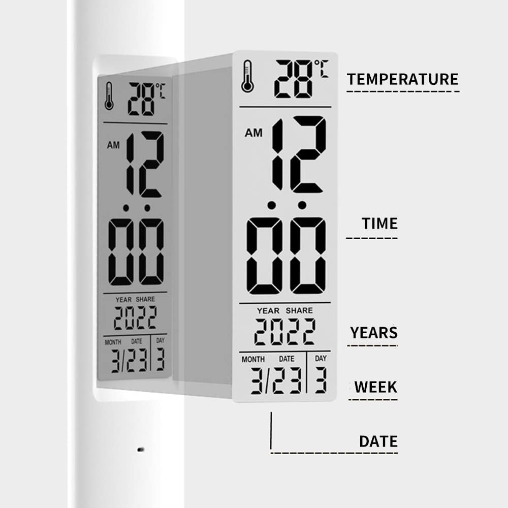 Digitalanzeige mit Zeit, Datum, Jahr und Temperatur. Text: Temperatur, Zeit, Jahre, Woche, Datum.