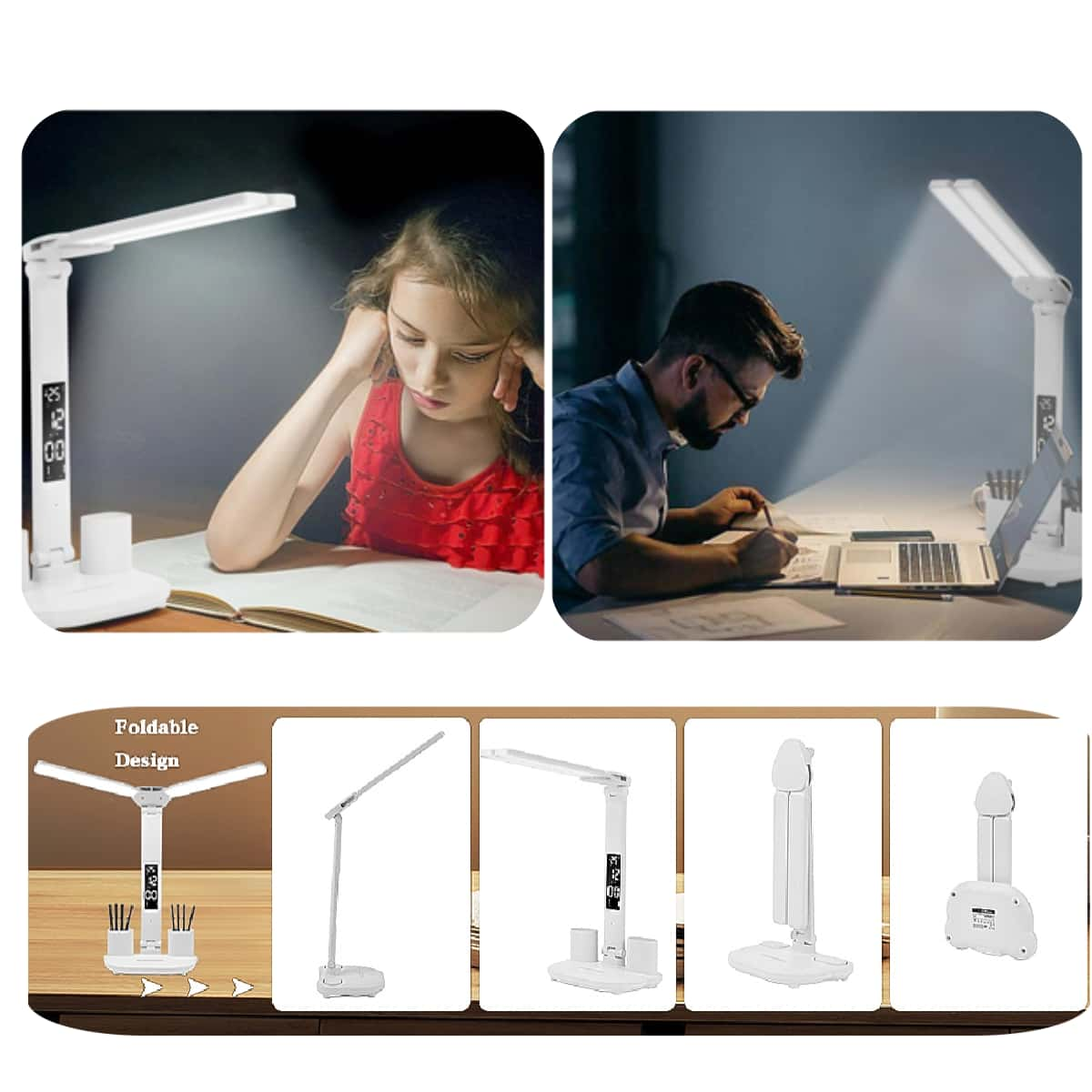 Zwei Personen benutzen eine Schreibtischlampe. Die Lampe ist weiß und hat einen Bildschirm an der Seite.