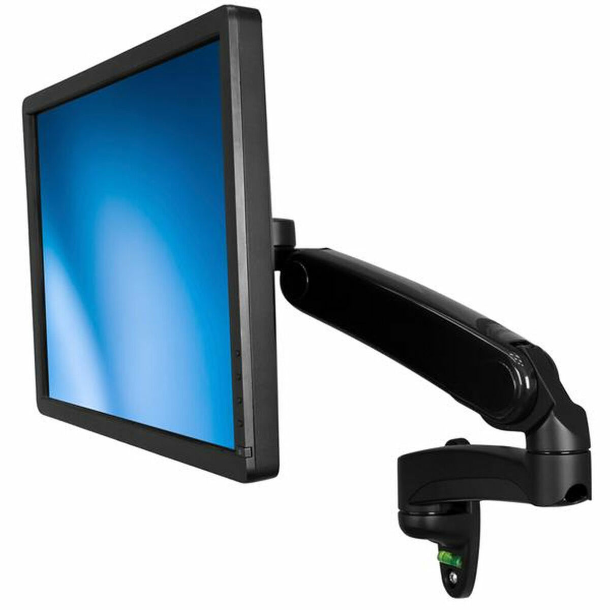 Monitor montado en un brazo negro ajustable. Pantalla azul es visible.