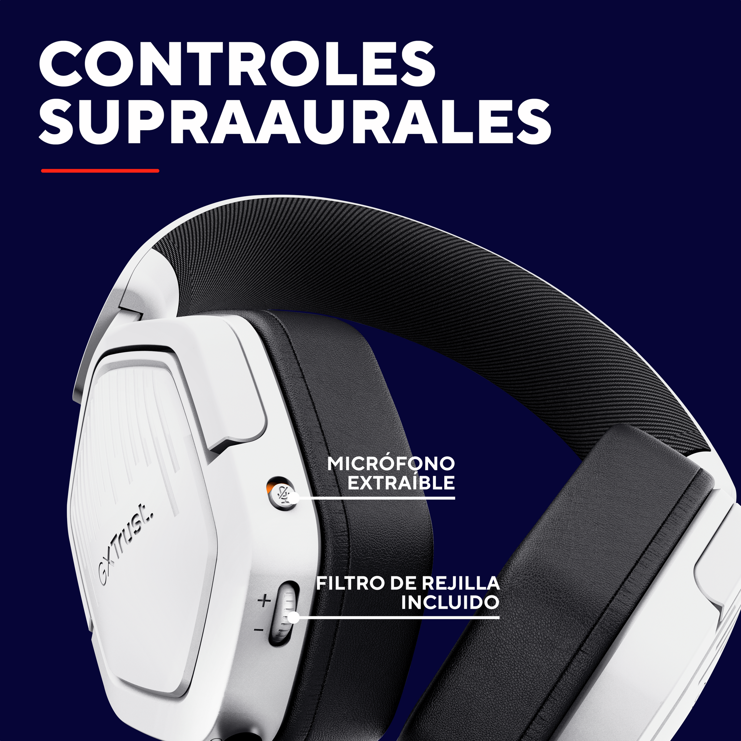 Białe słuchawki gamingowe z mikrofonem. Napisy: 'mikrofon odłączany' i 'filtr siatkowy'.