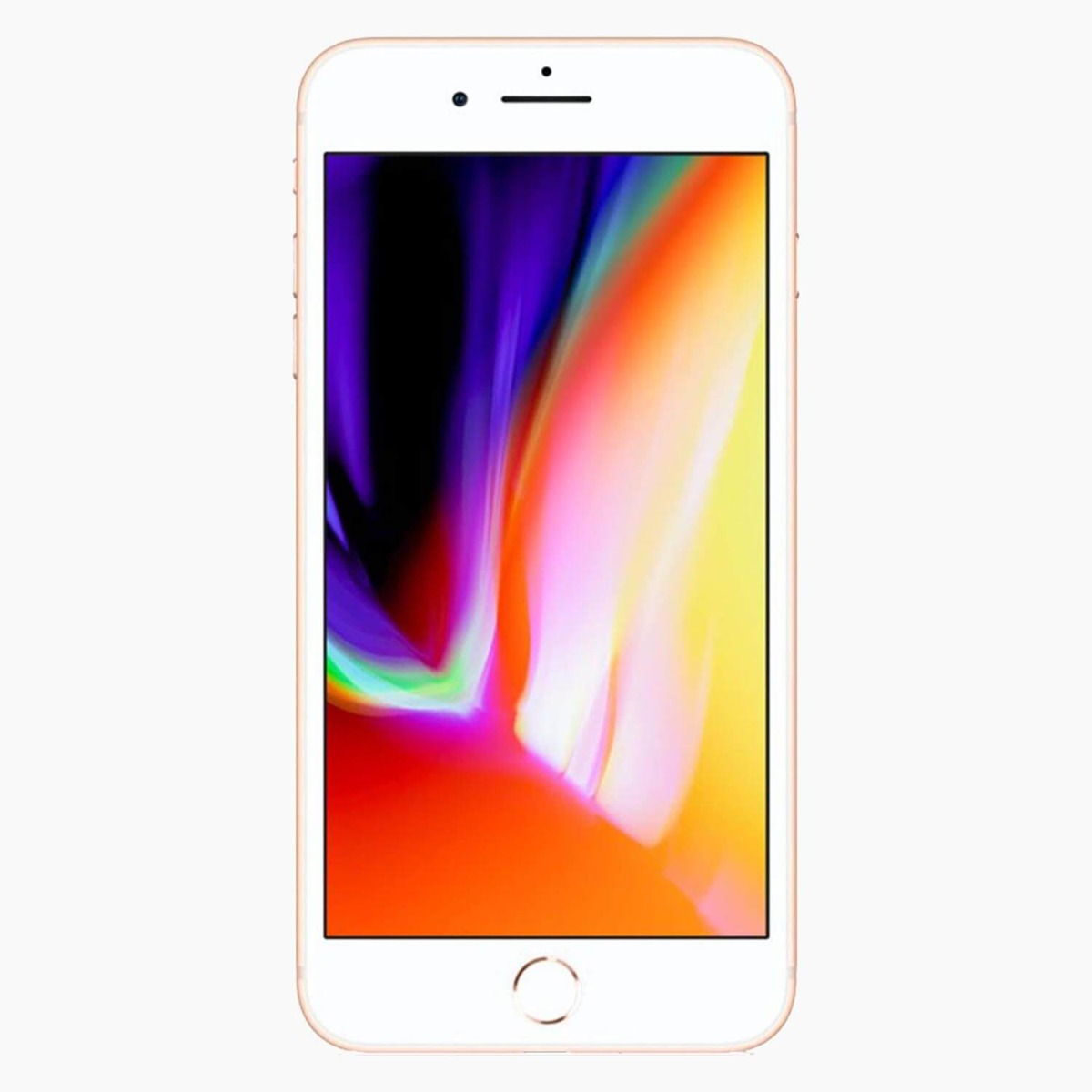 Ein goldenes iPhone mit weißer Front, das ein farbenfrohes abstraktes Bild auf dem Bildschirm anzeigt, mit einer Home-Taste.