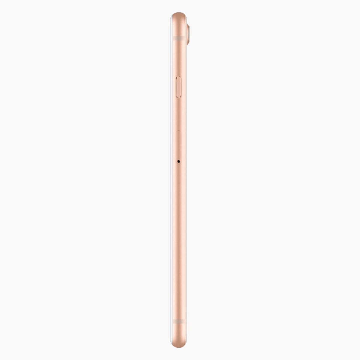 Seitenansicht eines roségoldenen Telefons. Zeigt die Seitentasten und die Lautstärkewippe. Der Hintergrund ist weiß.