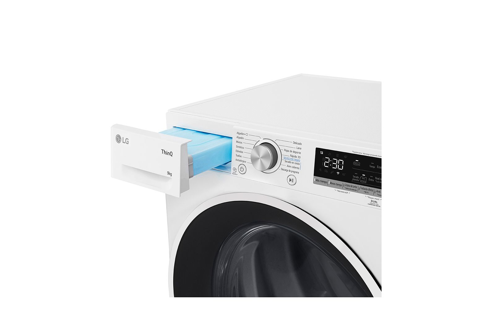 Ein weißer LG Trockner mit geöffneter Schublade, die einen blauen Weichspülerbehälter zeigt.