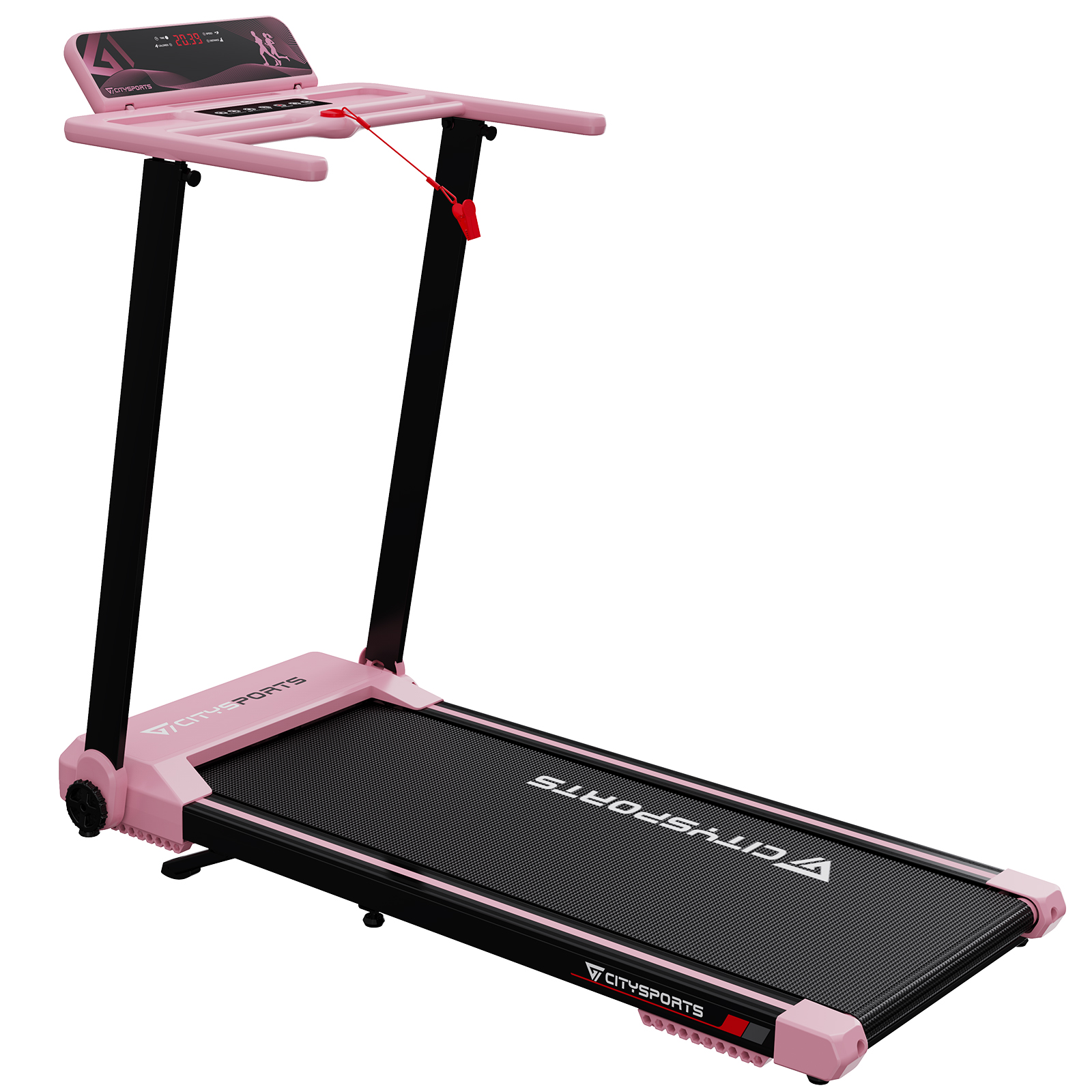 Ein rosa Laufband mit schwarzer Lauffläche und digitaler Anzeige, isoliert auf Weiß.