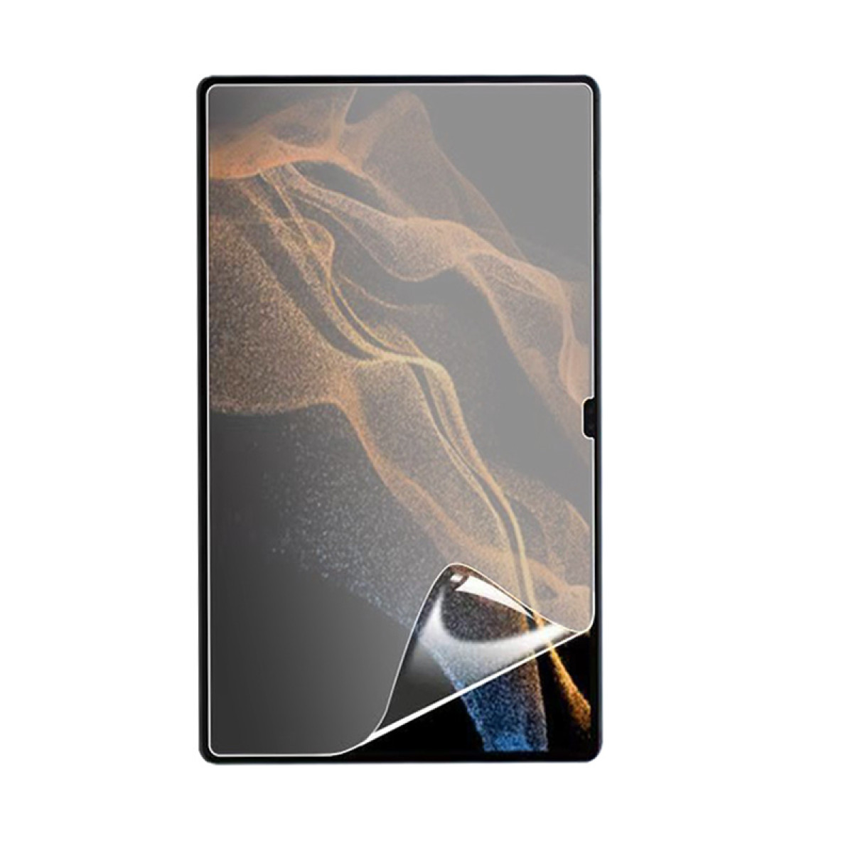 Tabletschutzfolie. Transparent mit teilweise abgezogener Schicht. Schwarzer Rahmen. Weißer Hintergrund.